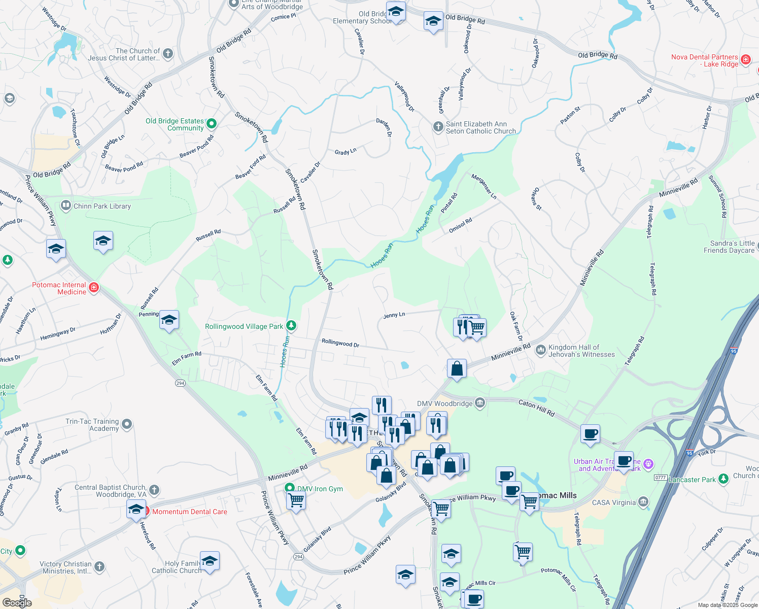 map of restaurants, bars, coffee shops, grocery stores, and more near 13436 Christopher Place in Woodbridge