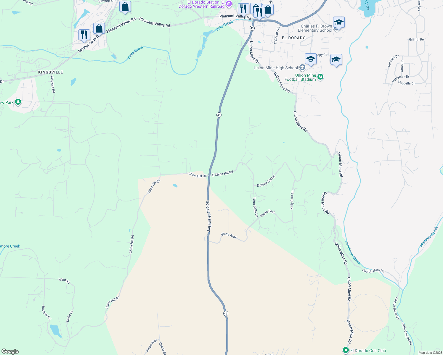 map of restaurants, bars, coffee shops, grocery stores, and more near 5201 China Hill Road in El Dorado County