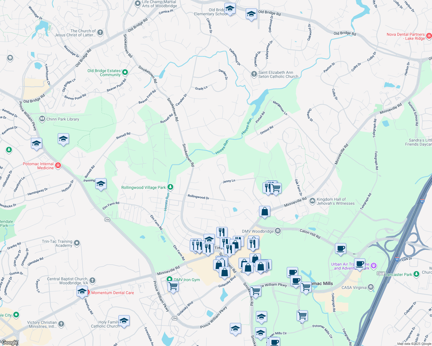 map of restaurants, bars, coffee shops, grocery stores, and more near 13432 Christopher Place in Woodbridge