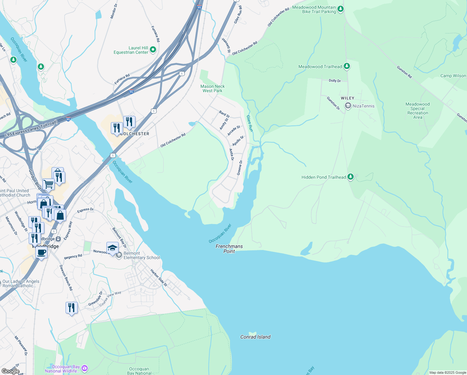 map of restaurants, bars, coffee shops, grocery stores, and more near 10749 Greene Drive in Lorton