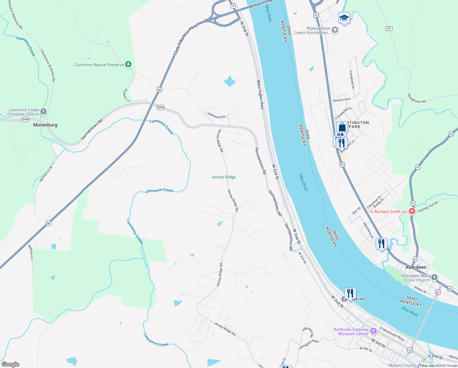 map of restaurants, bars, coffee shops, grocery stores, and more near 938 Jersey Ridge Road in Maysville