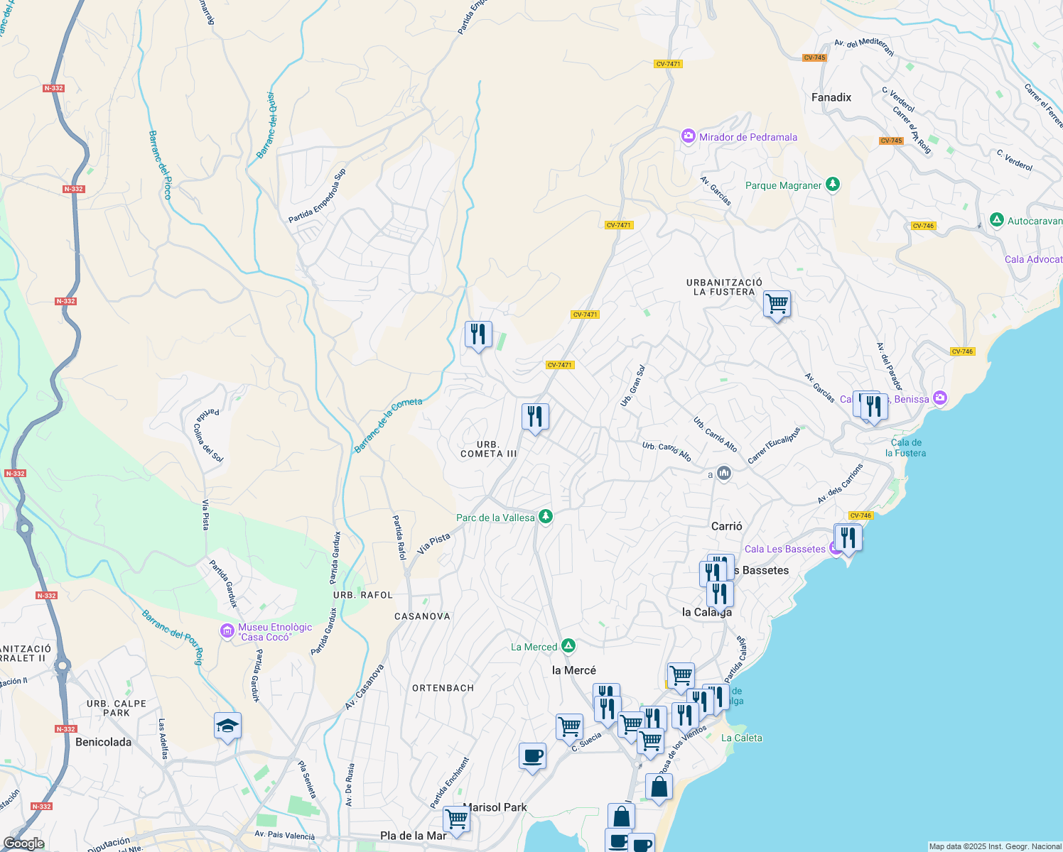 map of restaurants, bars, coffee shops, grocery stores, and more near 13 Partida Cometa II in Calpe