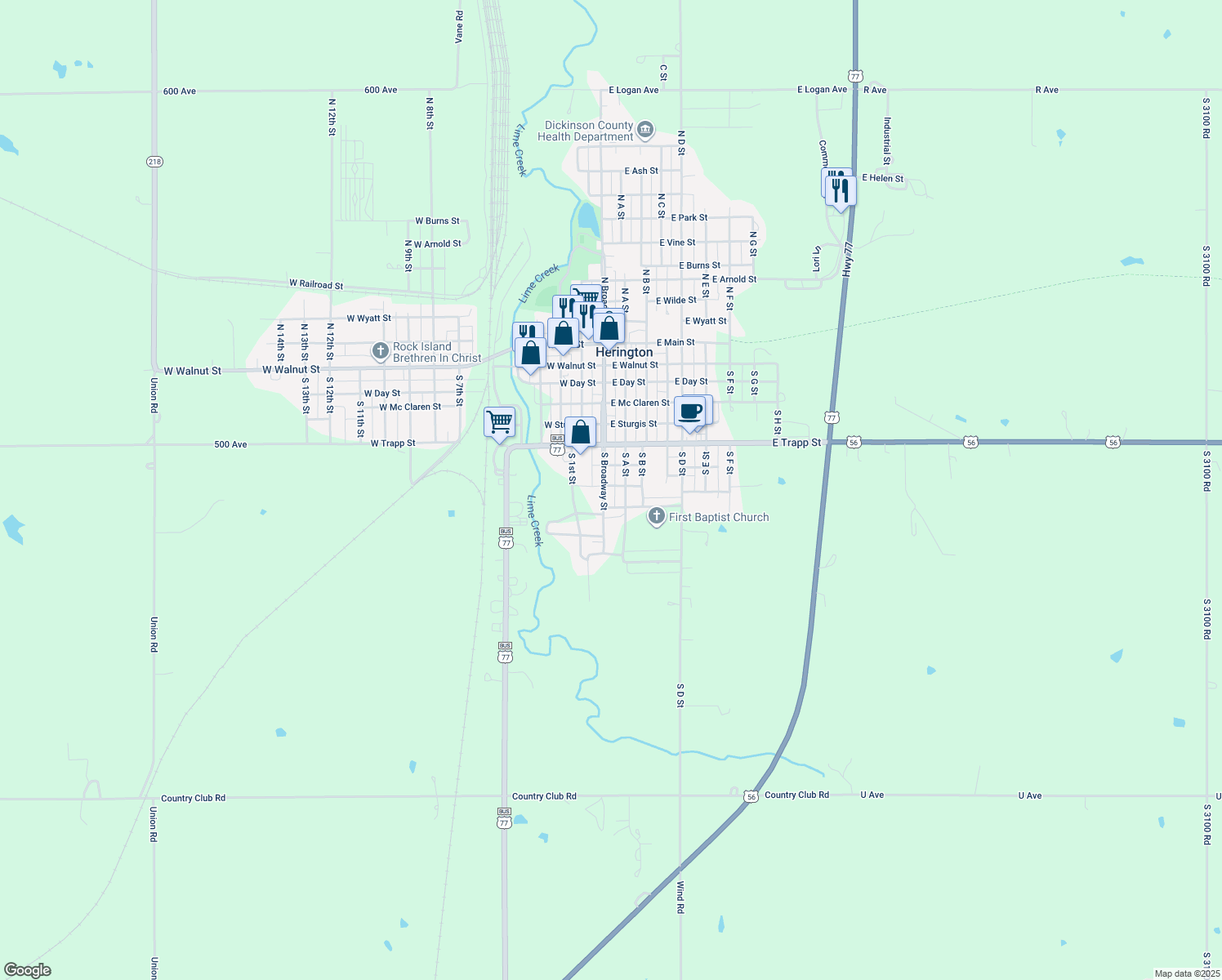 map of restaurants, bars, coffee shops, grocery stores, and more near 602 South Broadway Street in Herington