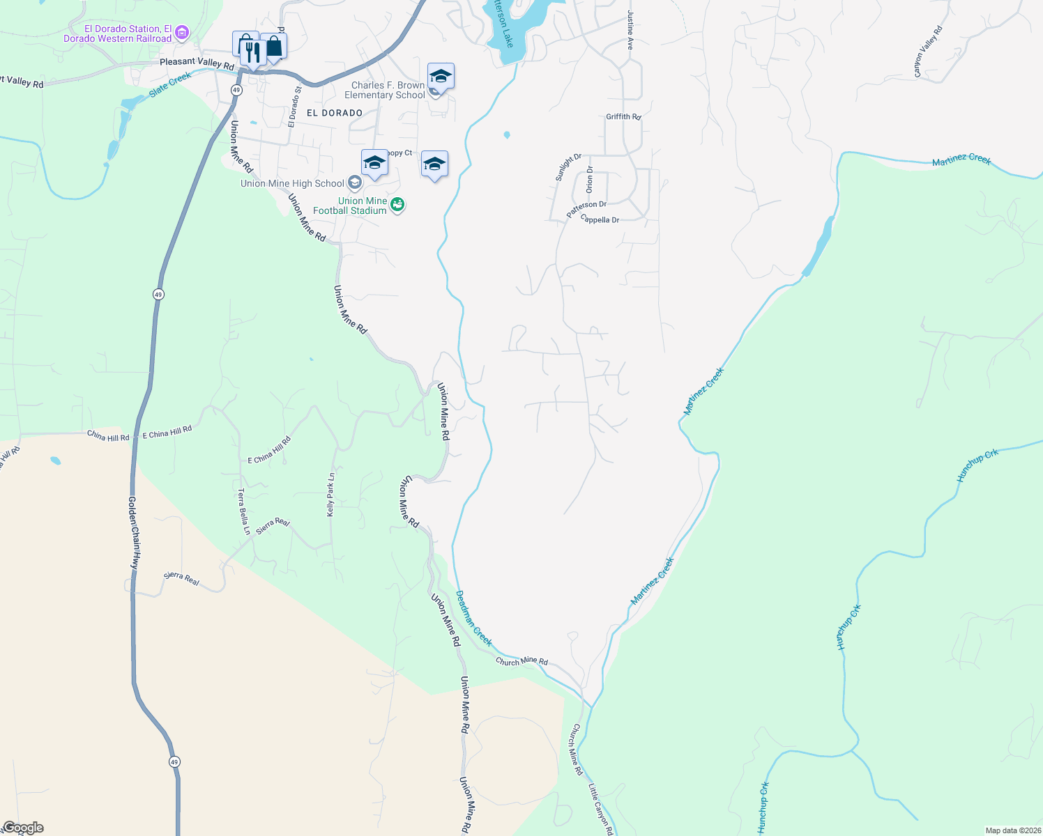map of restaurants, bars, coffee shops, grocery stores, and more near 5901 Cerrito Road in Diamond Springs