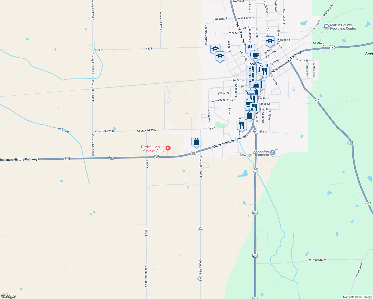 map of restaurants, bars, coffee shops, grocery stores, and more near 12802 U.S. 50 in Loogootee
