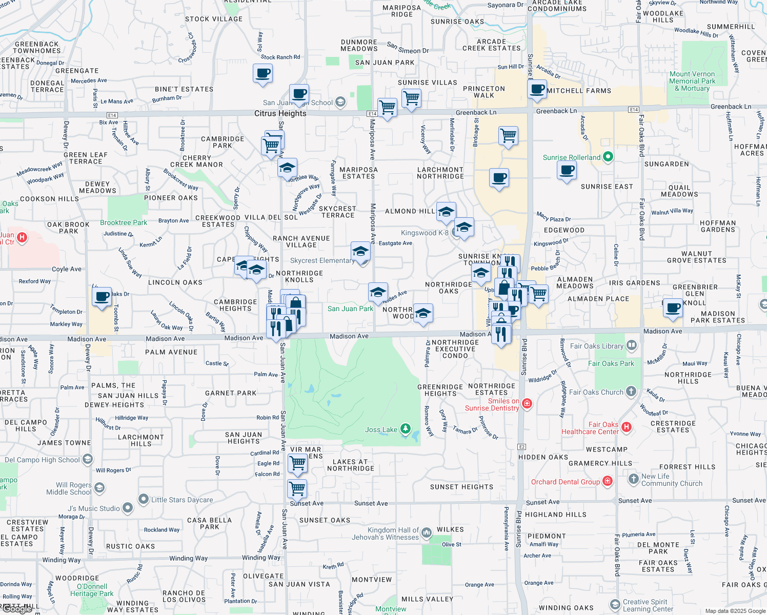 map of restaurants, bars, coffee shops, grocery stores, and more near 5417 Celestial Way in Citrus Heights