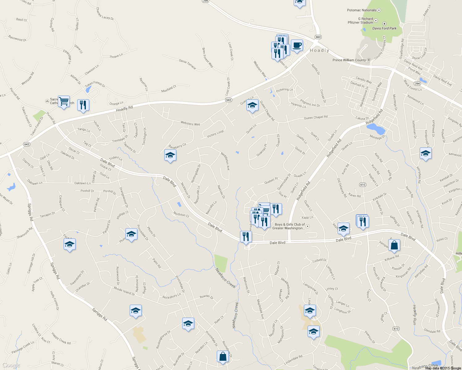 map of restaurants, bars, coffee shops, grocery stores, and more near 5544 Neddleton Avenue in Woodbridge