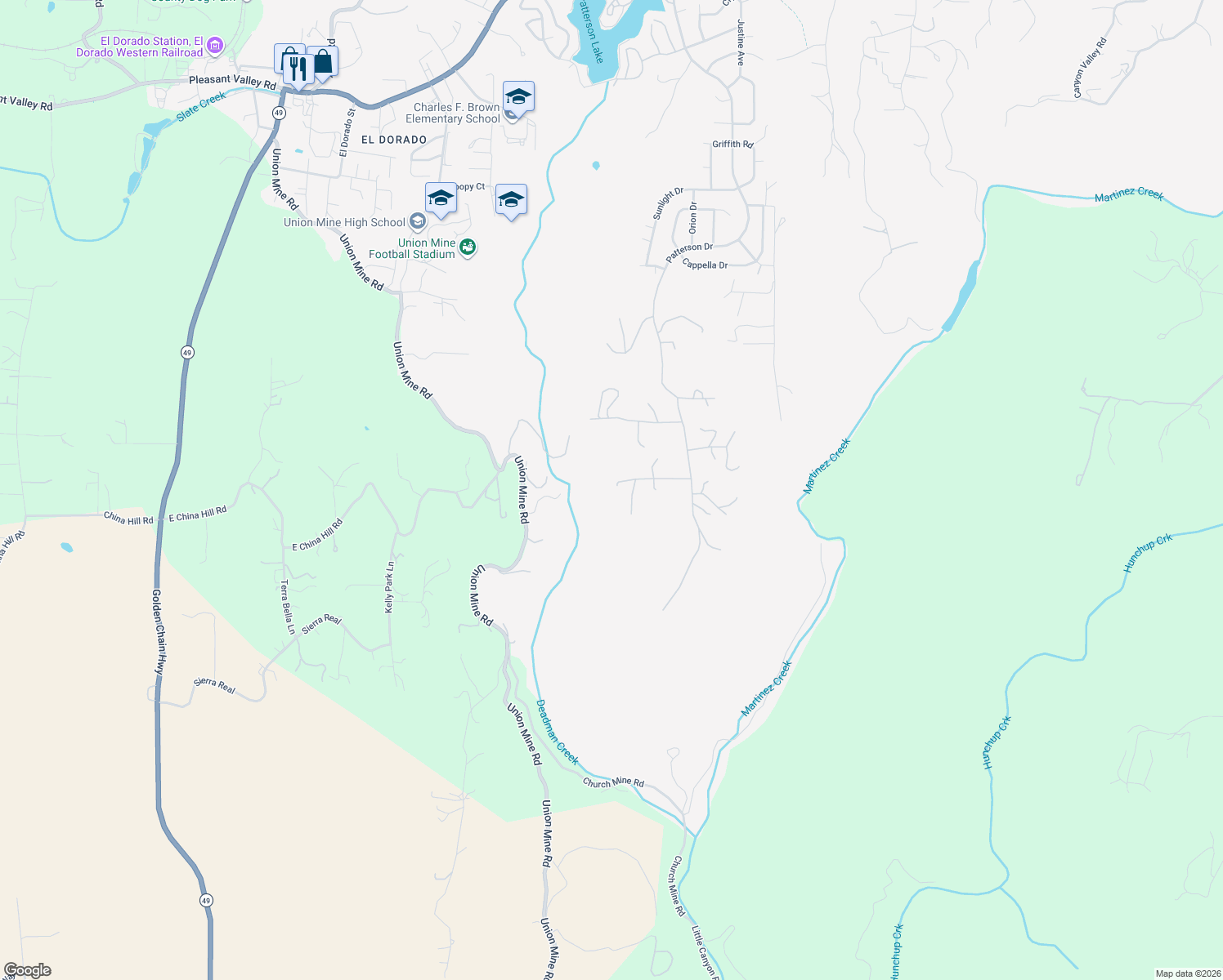map of restaurants, bars, coffee shops, grocery stores, and more near 5901 Cerrito Road in Diamond Springs