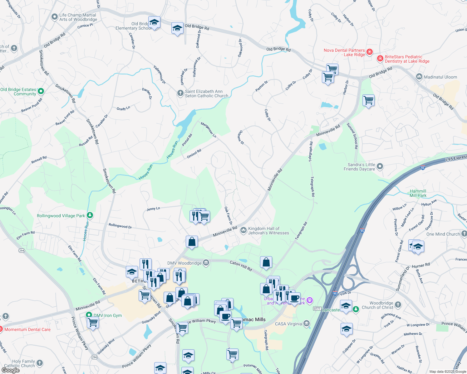 map of restaurants, bars, coffee shops, grocery stores, and more near 2785 Sugar Pine Court in Woodbridge