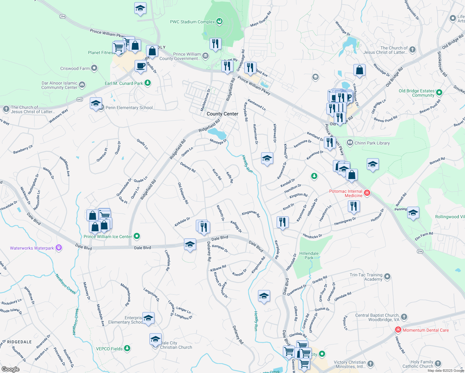 map of restaurants, bars, coffee shops, grocery stores, and more near 4799 Kelly Rd in Woodbridge