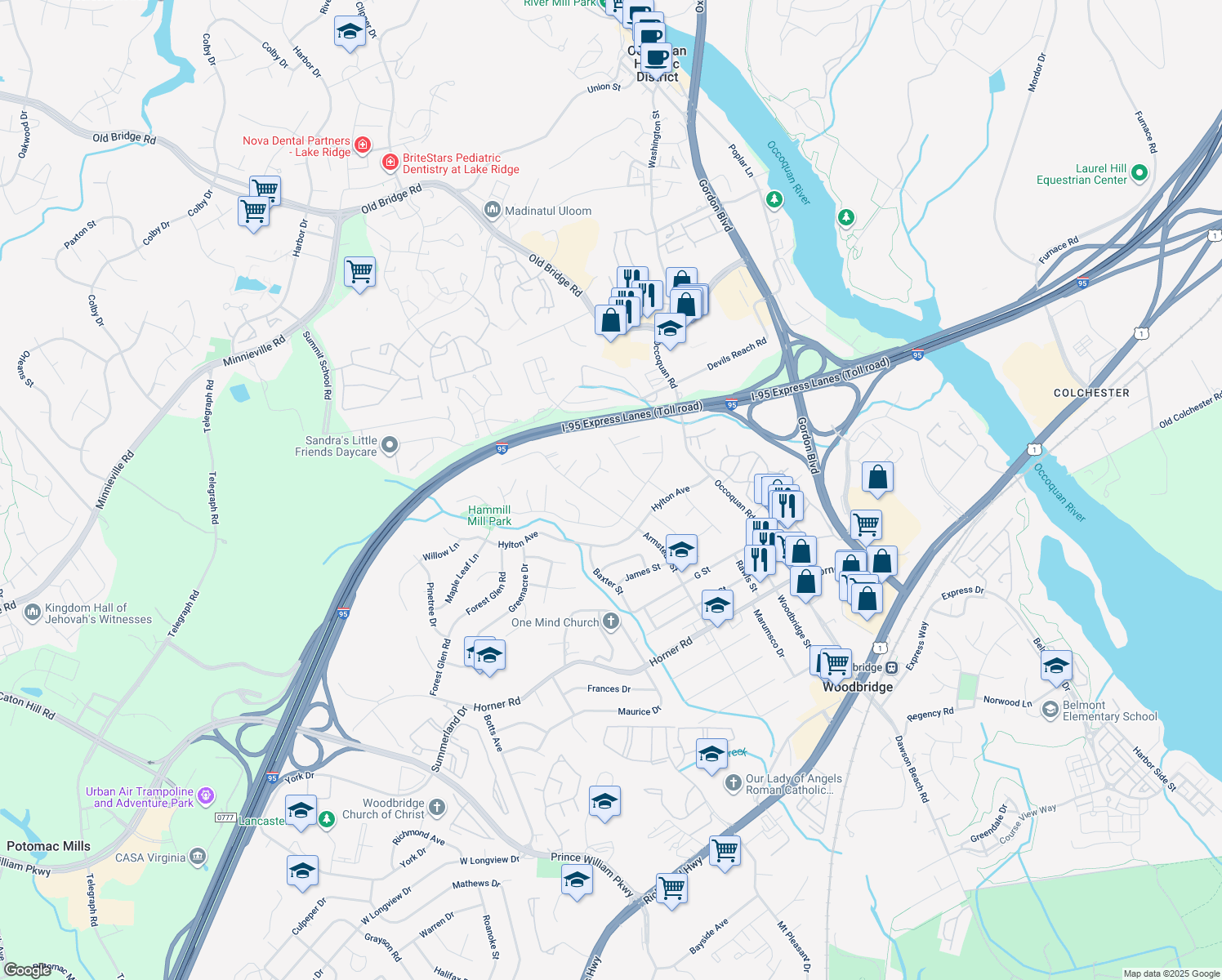 map of restaurants, bars, coffee shops, grocery stores, and more near 13200 Conrad Court in Woodbridge