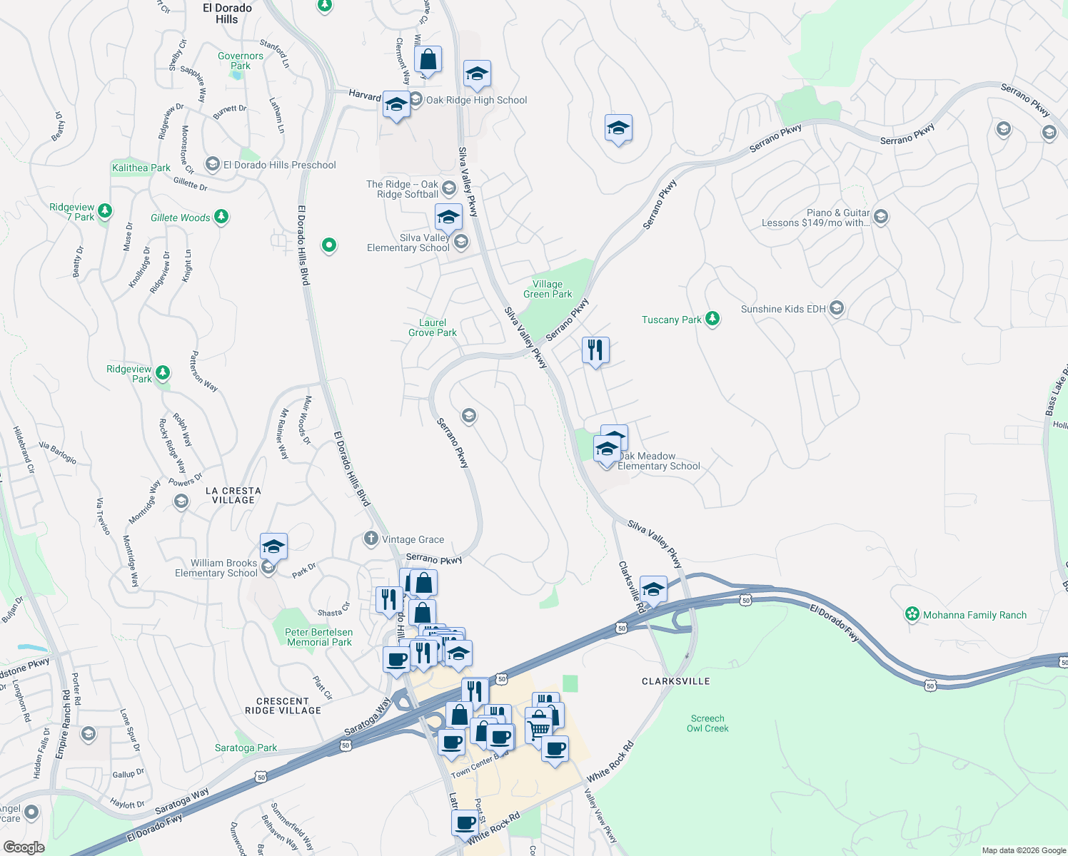 map of restaurants, bars, coffee shops, grocery stores, and more near 5048 Mertola Dr in El Dorado Hills