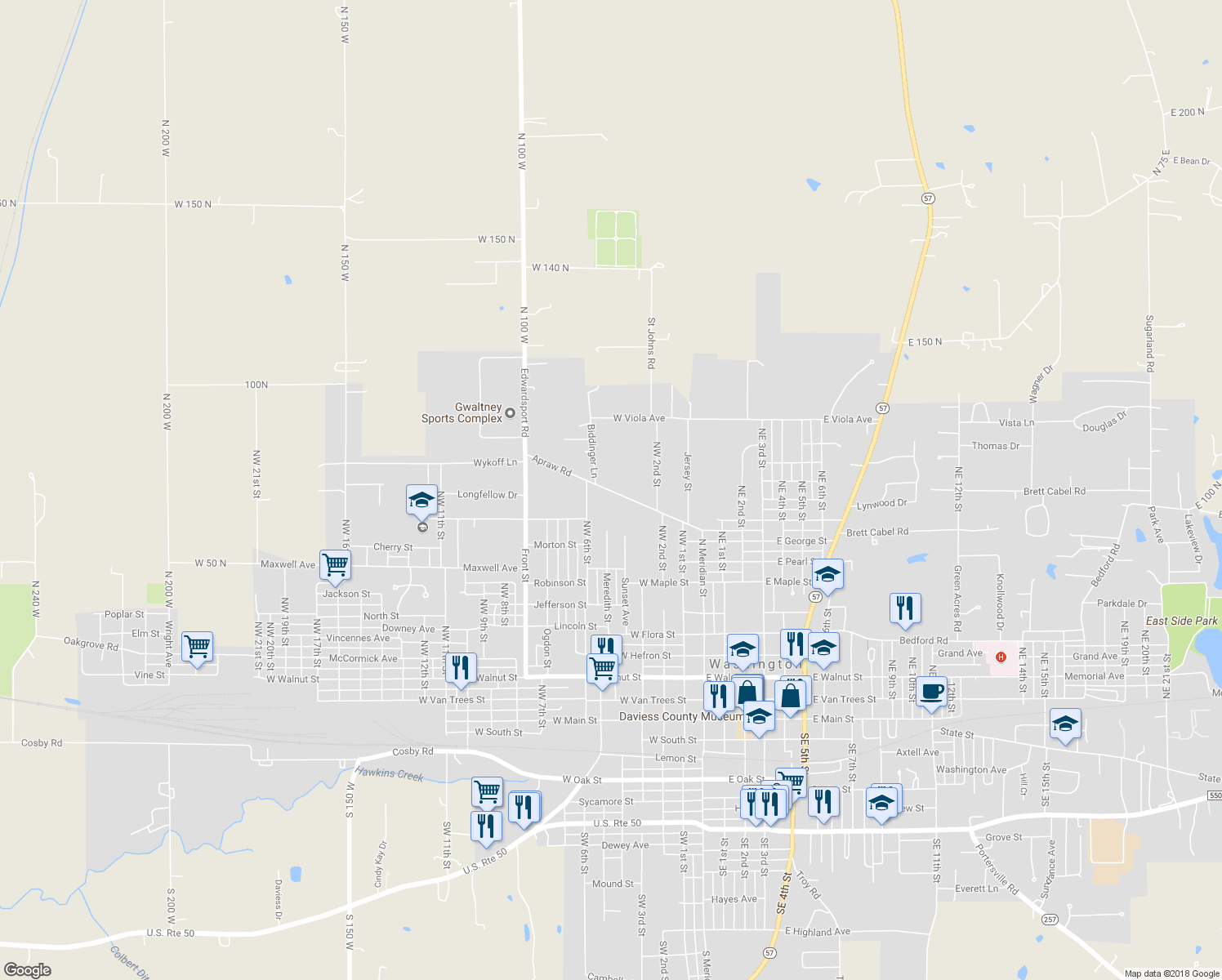 map of restaurants, bars, coffee shops, grocery stores, and more near 221 Apraw Road in Washington