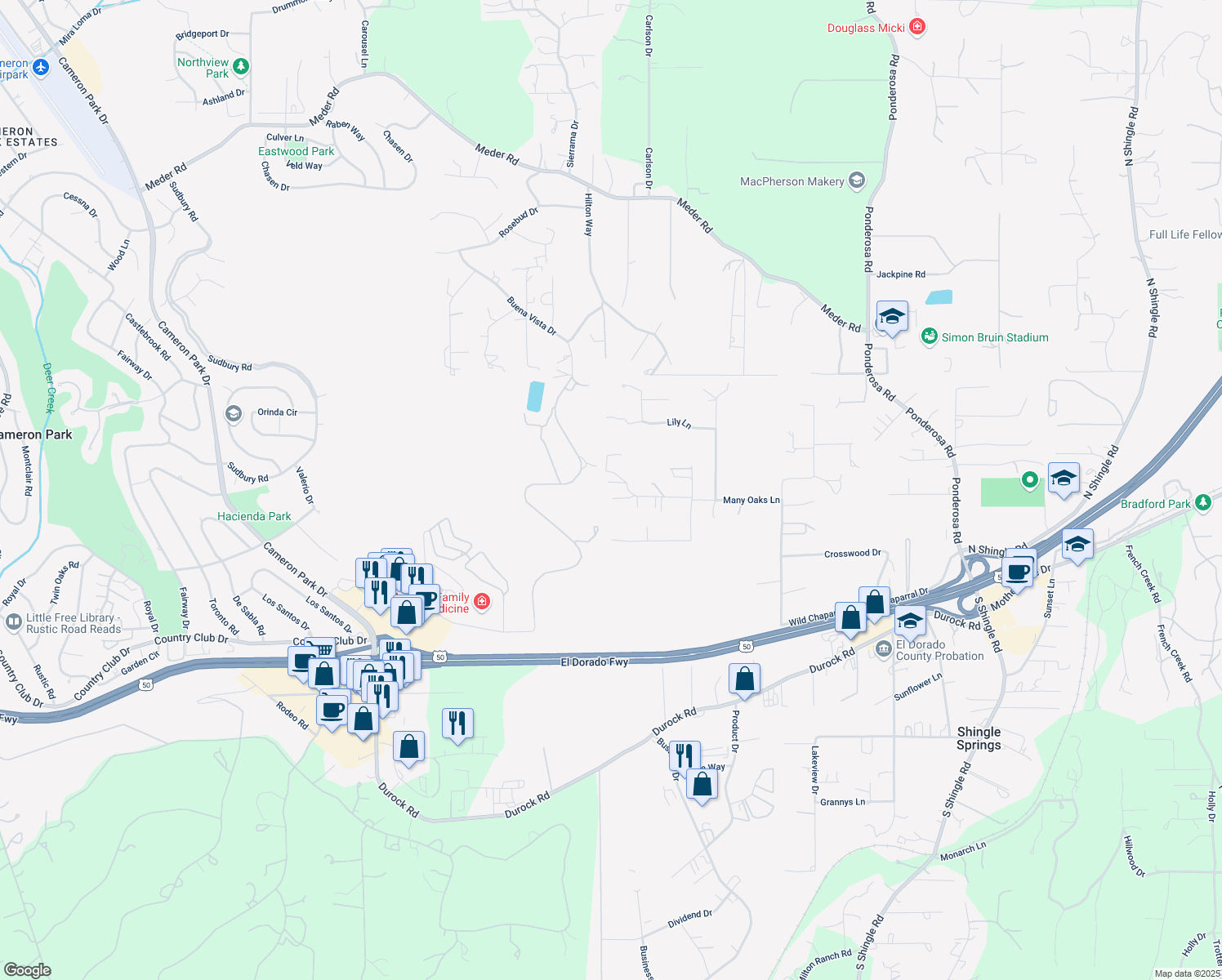 map of restaurants, bars, coffee shops, grocery stores, and more near 3594 Soap Plant Lane in Shingle Springs