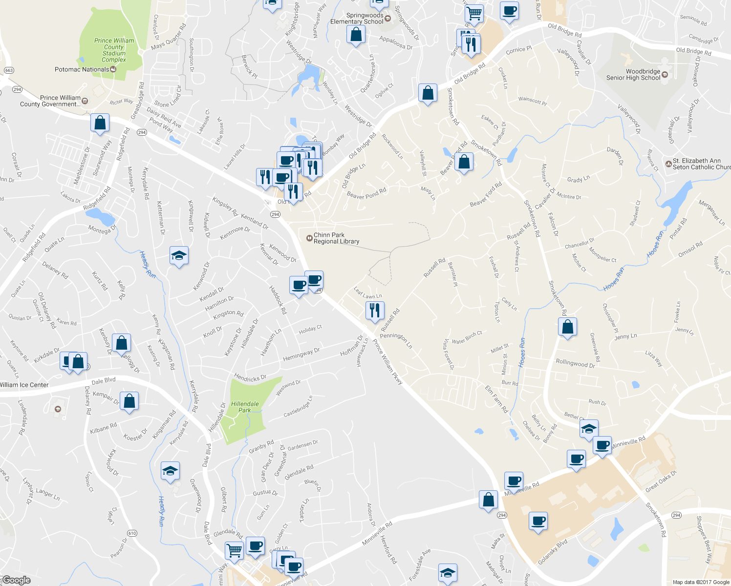 map of restaurants, bars, coffee shops, grocery stores, and more near 3940 Leaf Lawn Lane in Woodbridge