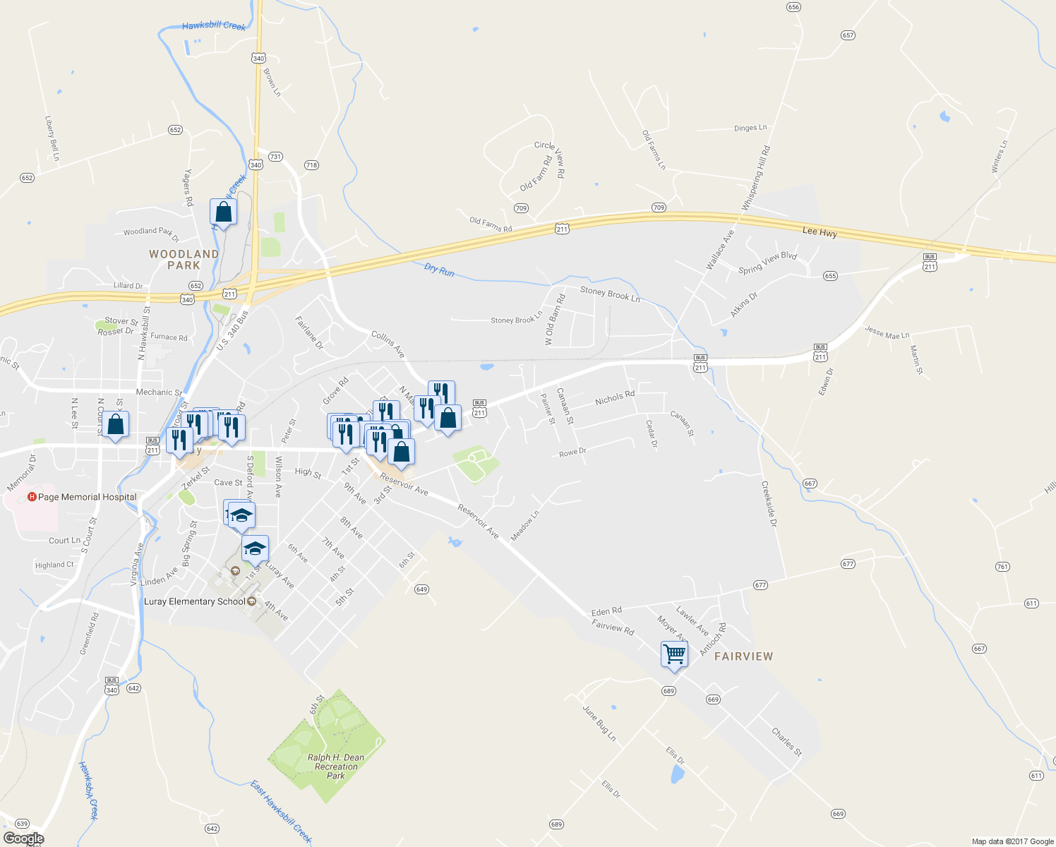 map of restaurants, bars, coffee shops, grocery stores, and more near 6 Constitution Avenue in Luray