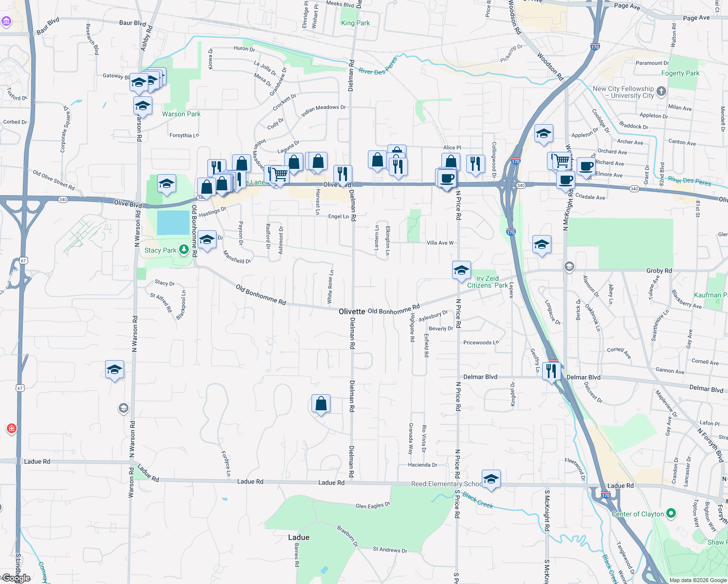 map of restaurants, bars, coffee shops, grocery stores, and more near 16 Fairwinds Court in Olivette
