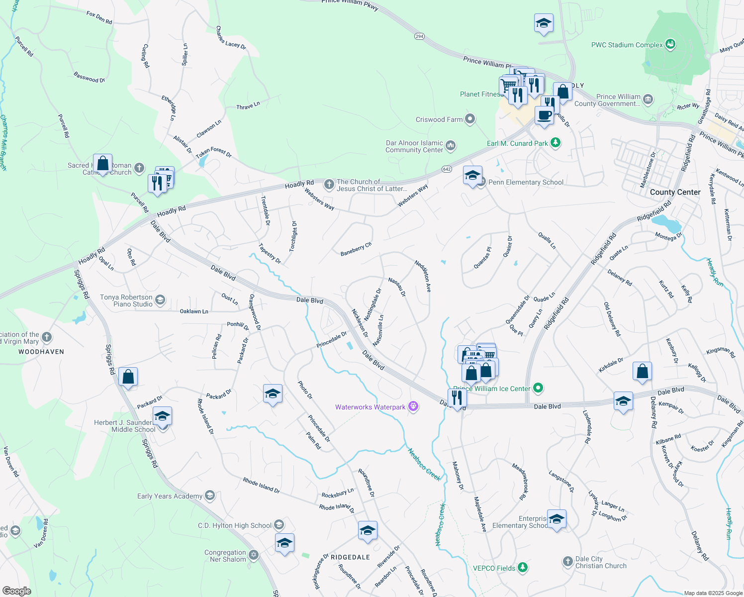 map of restaurants, bars, coffee shops, grocery stores, and more near 13212 Nottingdale Drive in Woodbridge