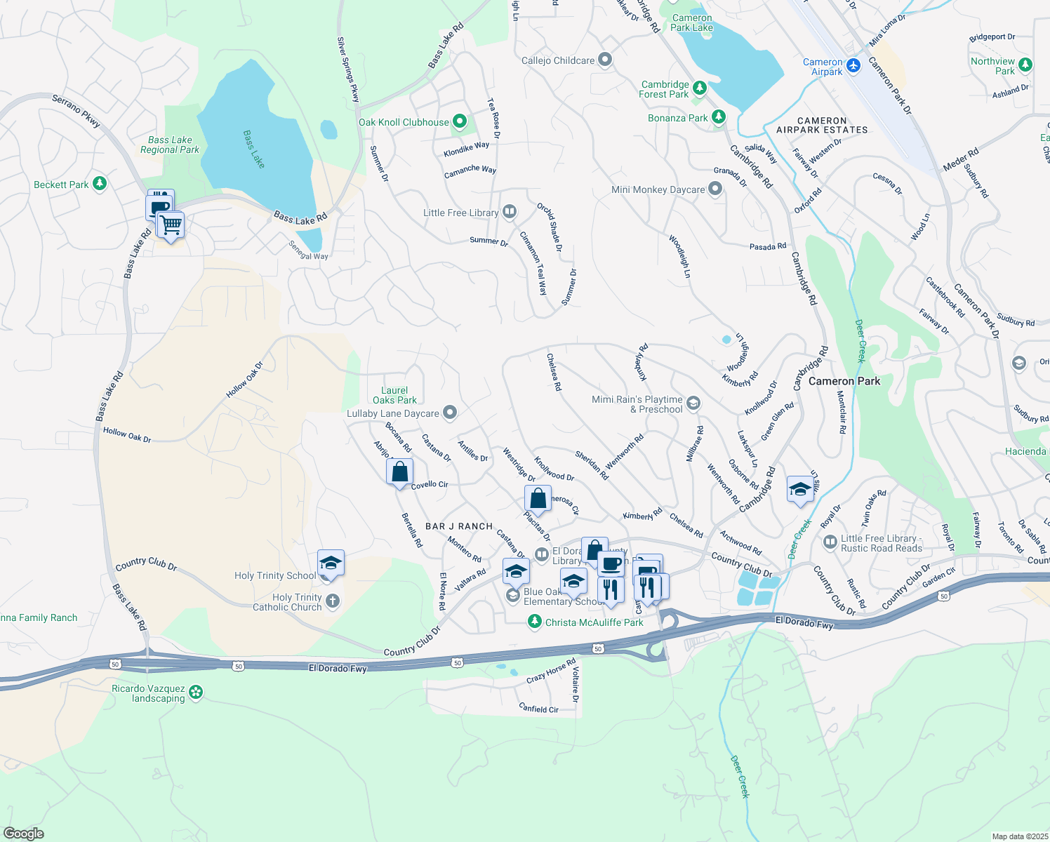 map of restaurants, bars, coffee shops, grocery stores, and more near 2518 Knollwood Drive in Cameron Park