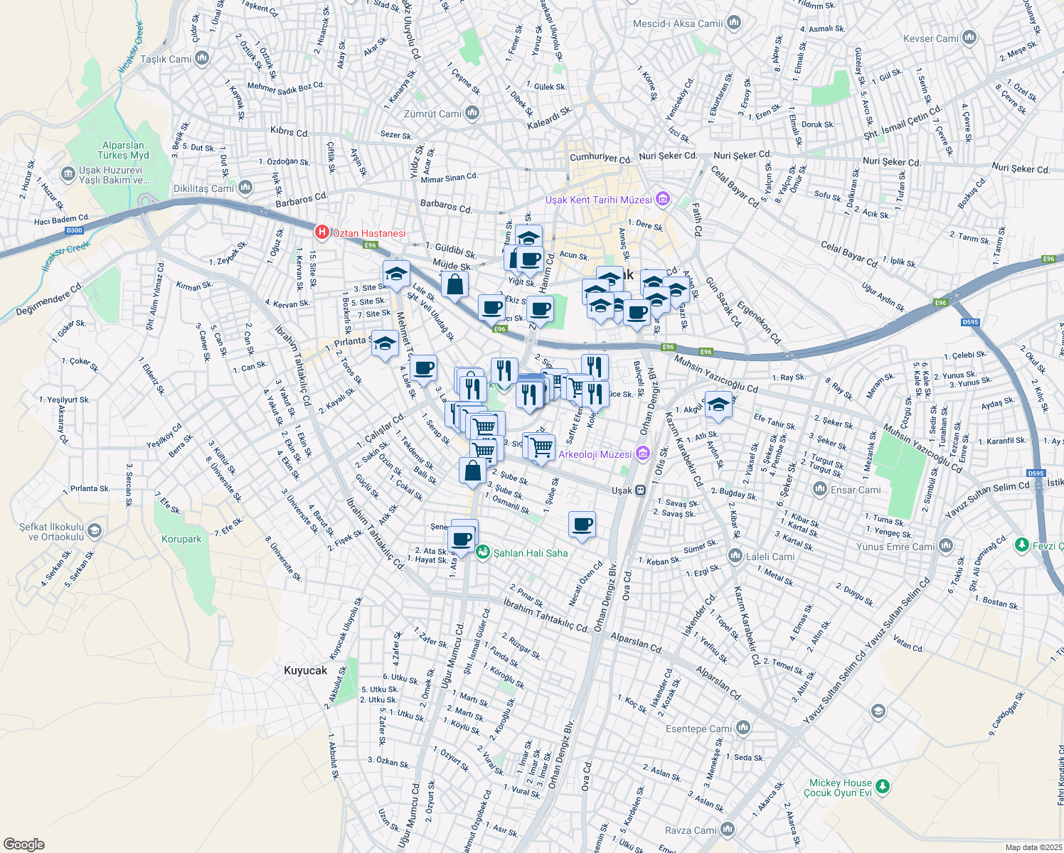 map of restaurants, bars, coffee shops, grocery stores, and more near Atatürk Meydanı Caddesi in Uşak Merkez