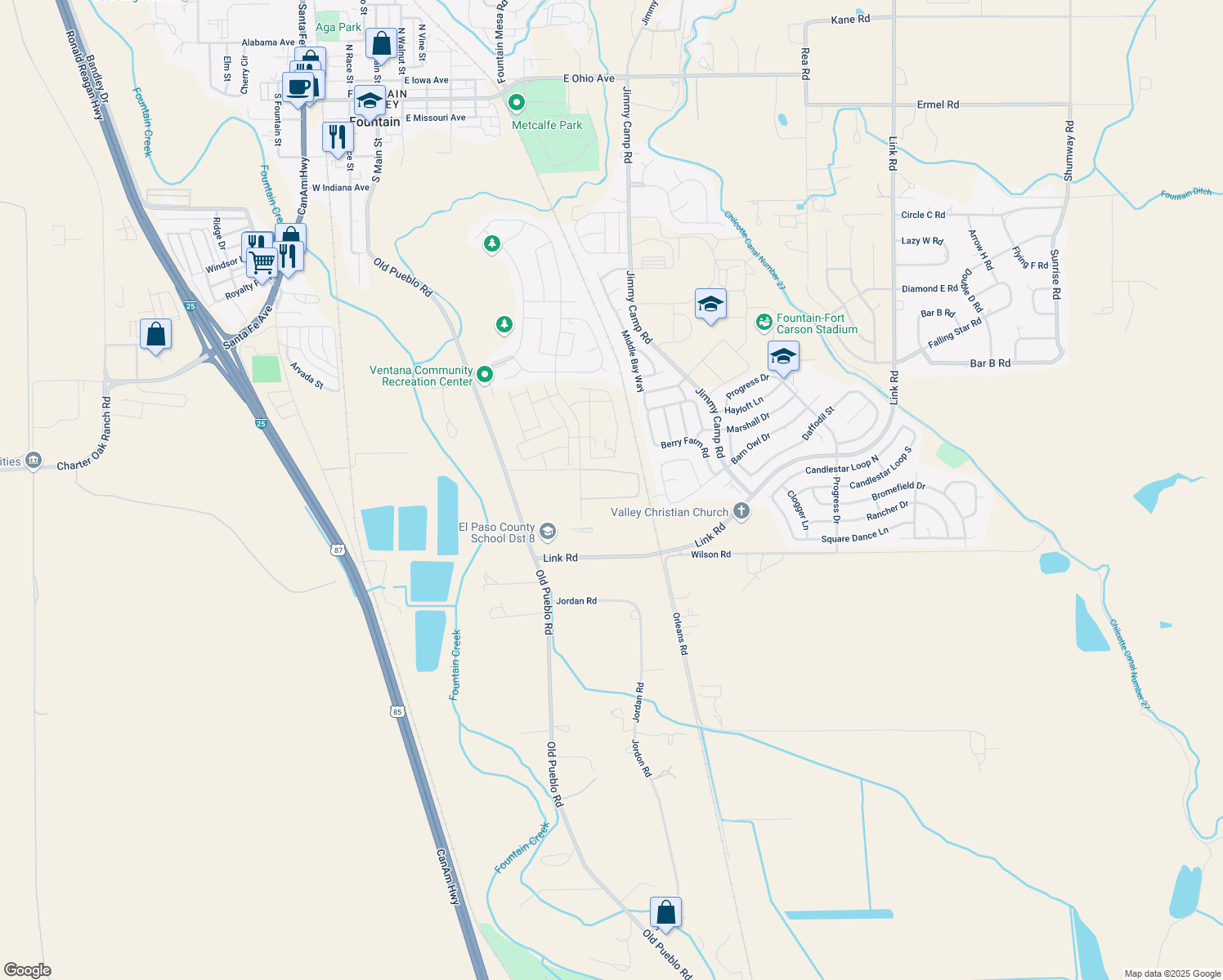 map of restaurants, bars, coffee shops, grocery stores, and more near 1201 Rmb Ct in Fountain