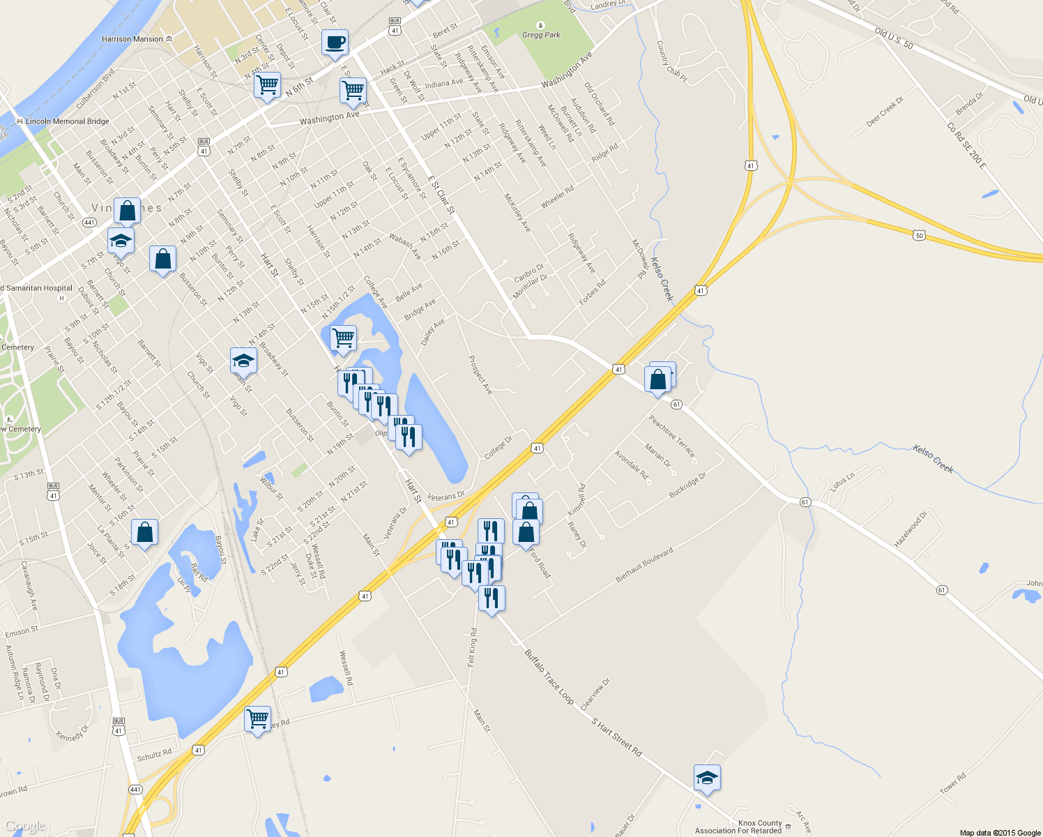 map of restaurants, bars, coffee shops, grocery stores, and more near 2024 Prospect Avenue in Vincennes