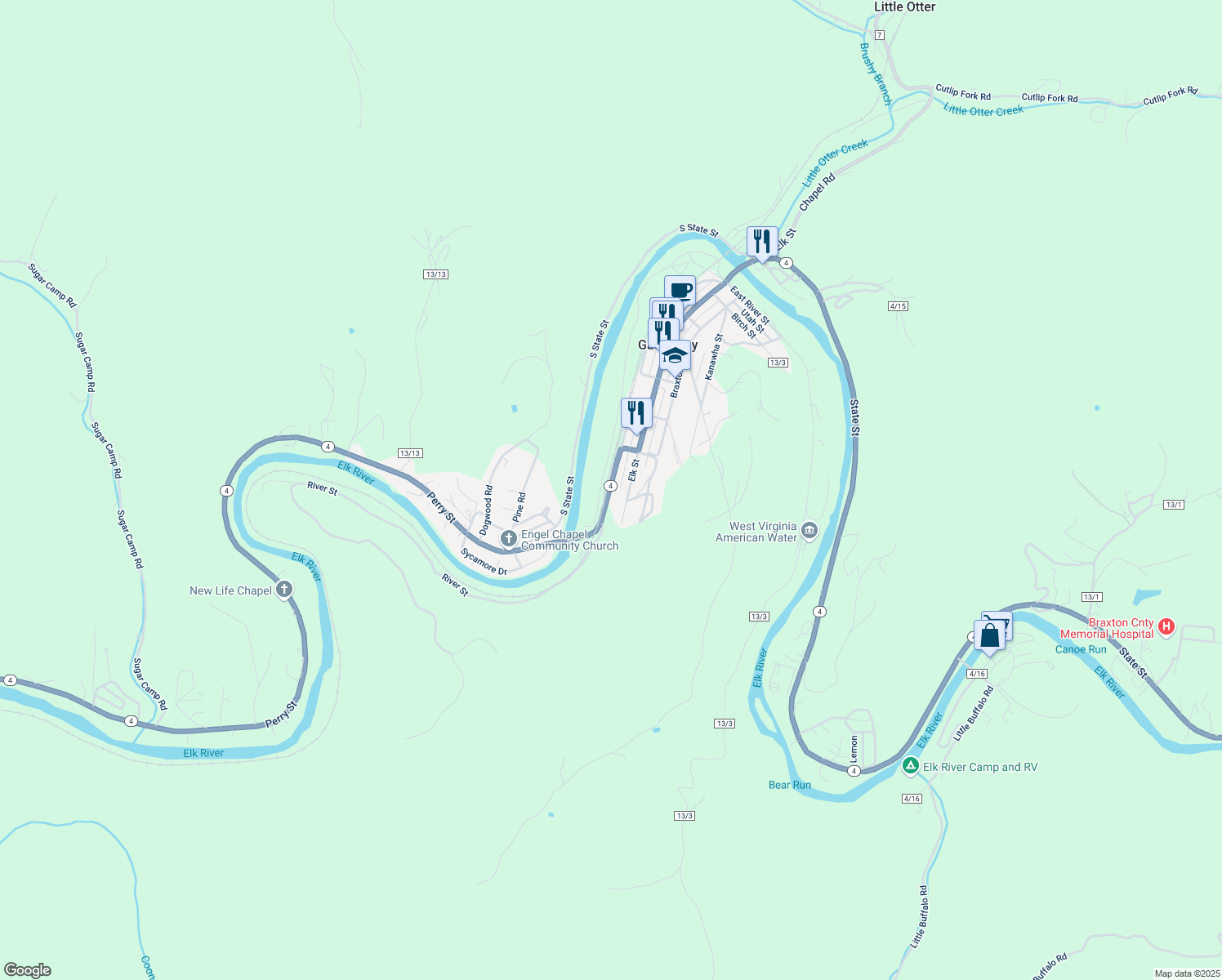 map of restaurants, bars, coffee shops, grocery stores, and more near 955 River Street in Gassaway