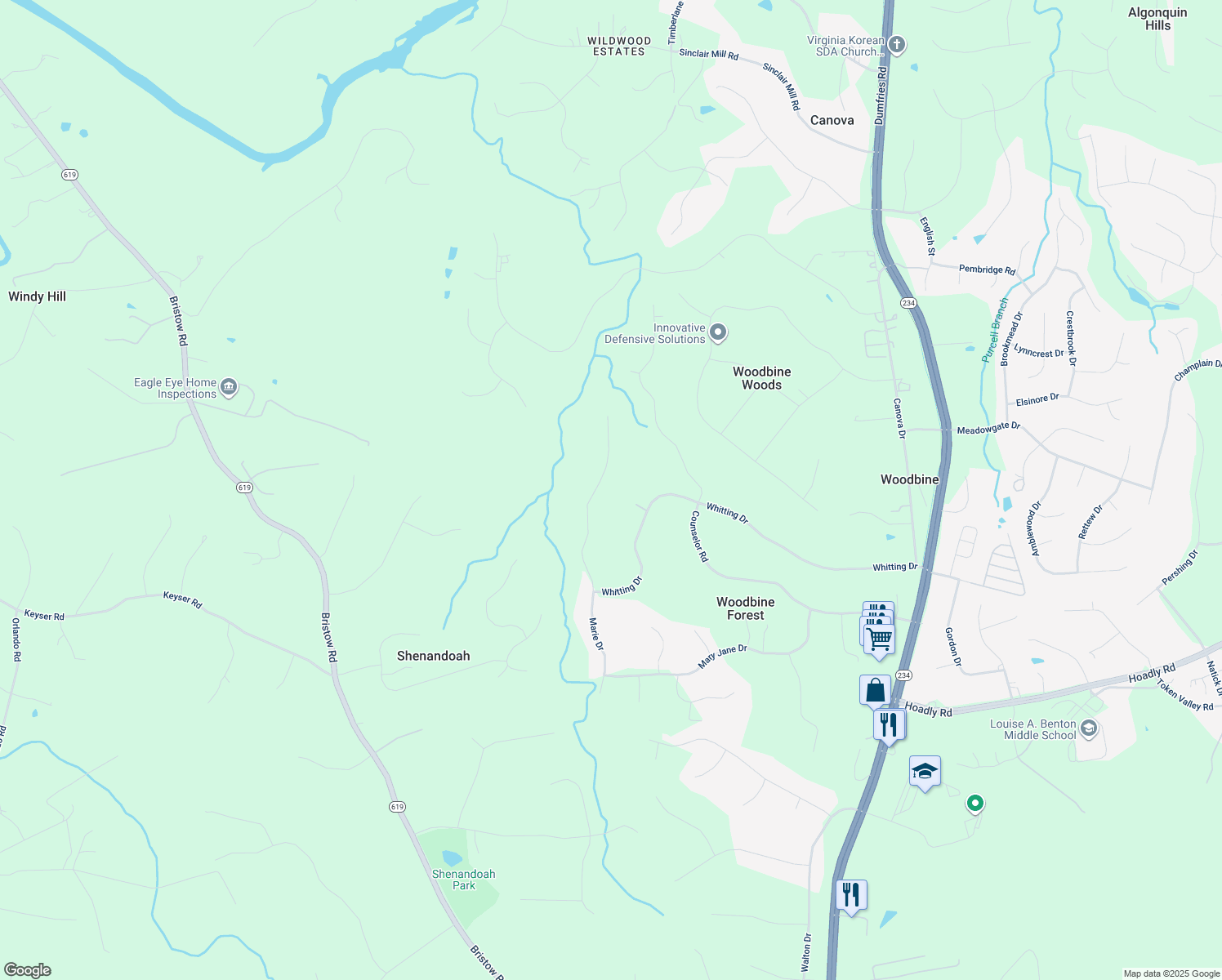 map of restaurants, bars, coffee shops, grocery stores, and more near 13371 Marie Dr in Manassas