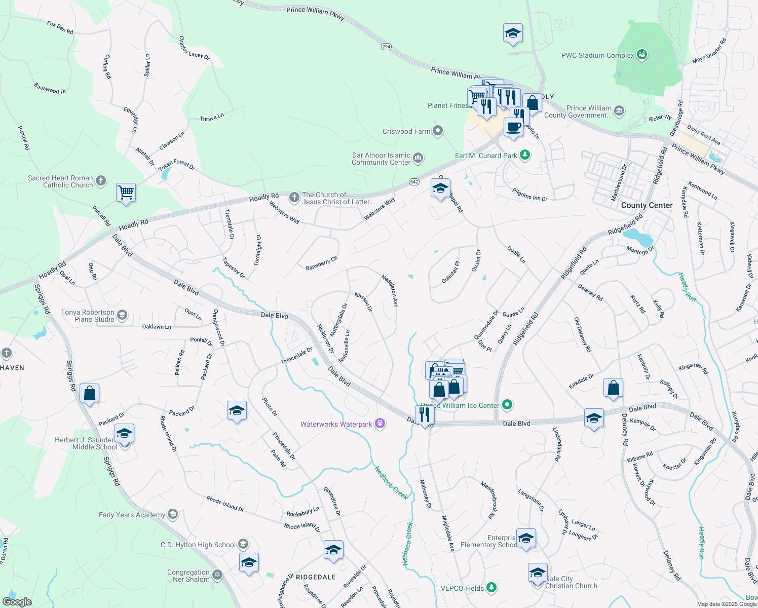 map of restaurants, bars, coffee shops, grocery stores, and more near 13234 Nancy Court in Woodbridge