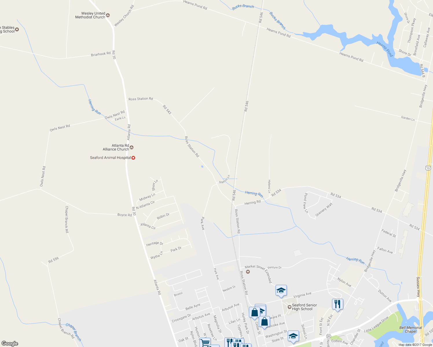 map of restaurants, bars, coffee shops, grocery stores, and more near 23303 Ross Station Road in Seaford