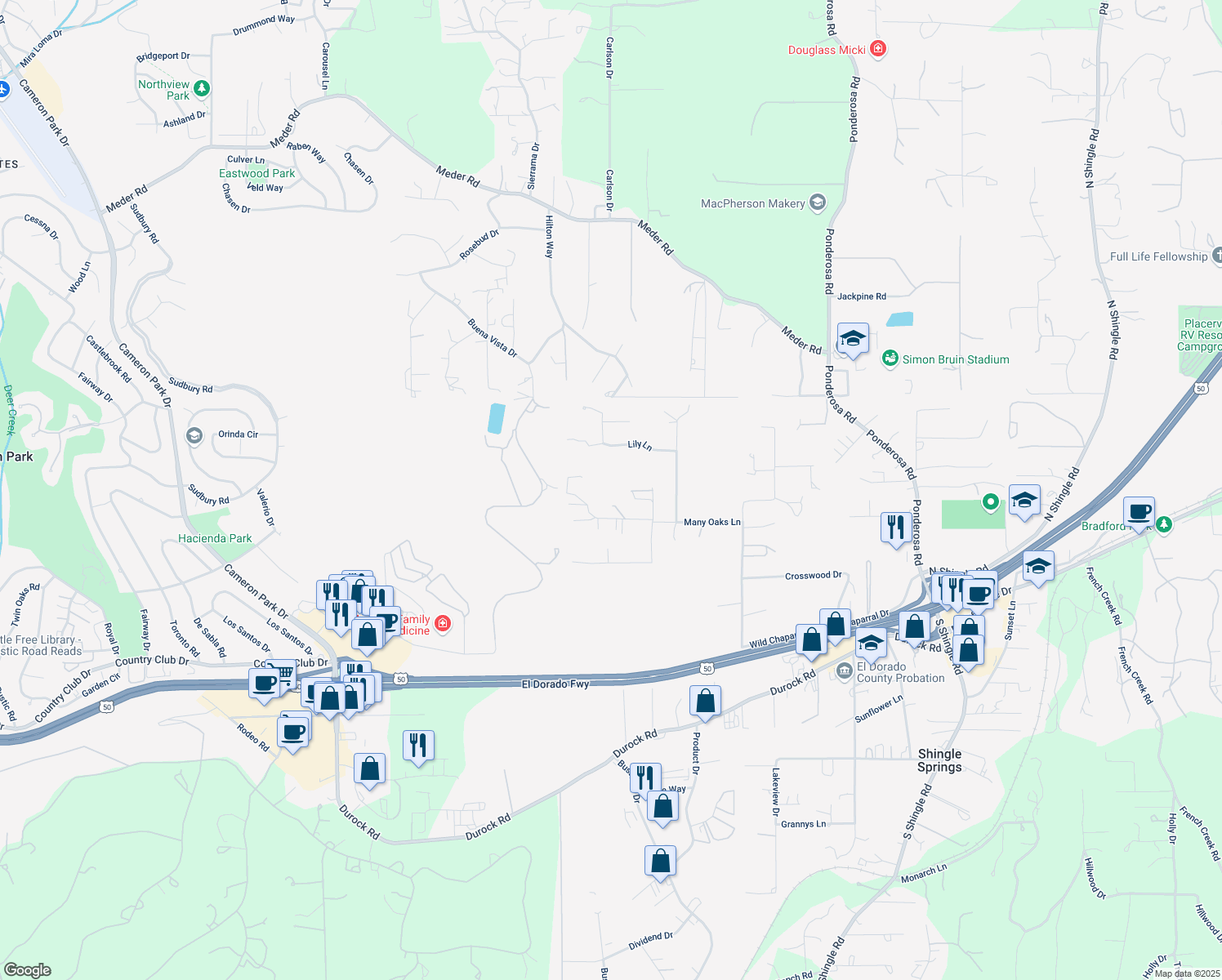 map of restaurants, bars, coffee shops, grocery stores, and more near 3613 Soap Plant Lane in Shingle Springs