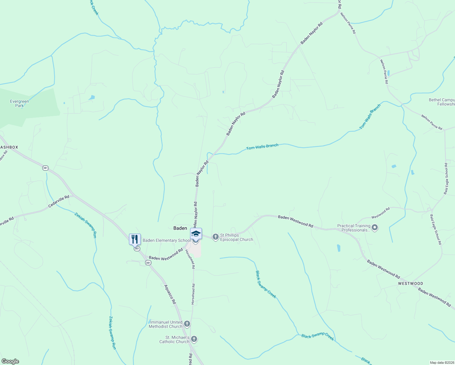 map of restaurants, bars, coffee shops, grocery stores, and more near 16006 Baden Naylor Road in Brandywine