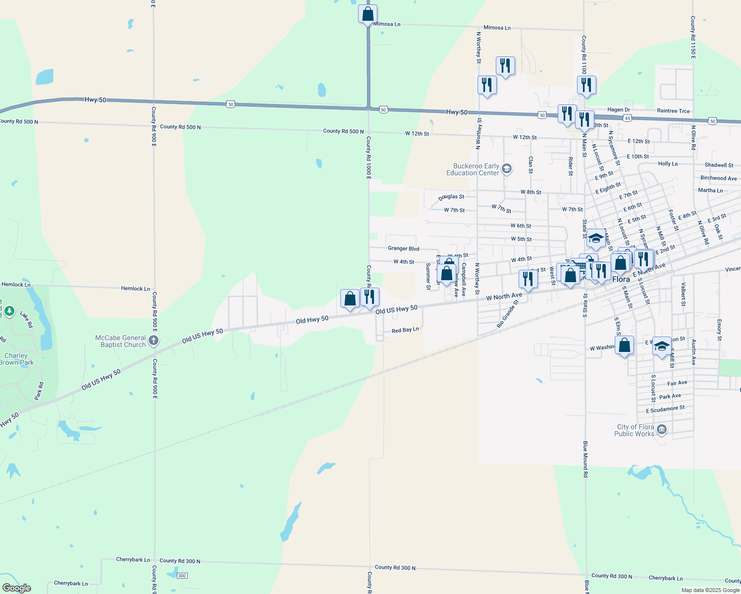 map of restaurants, bars, coffee shops, grocery stores, and more near 72 County Road 1000 East in Flora