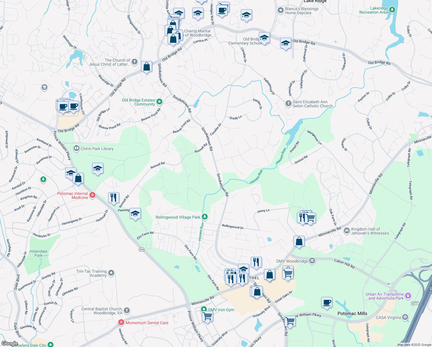 map of restaurants, bars, coffee shops, grocery stores, and more near 13020 Smoketown Road in Woodbridge