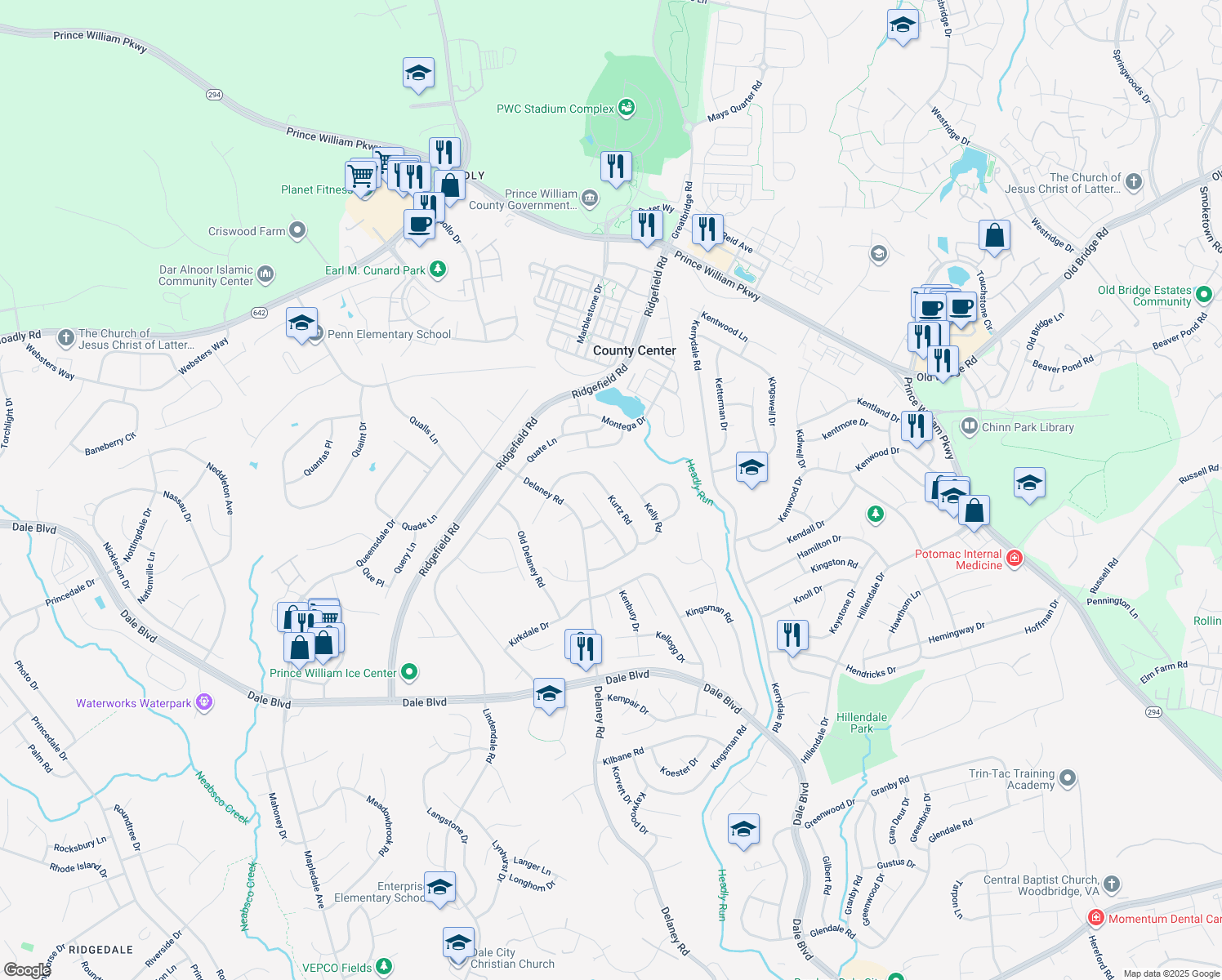 map of restaurants, bars, coffee shops, grocery stores, and more near 13231 Kurtz Road in Woodbridge