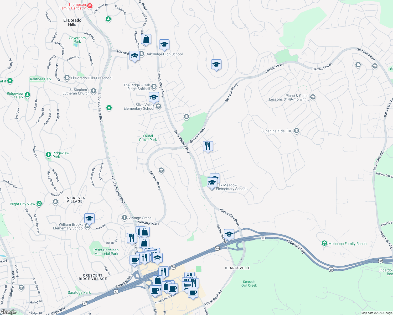 map of restaurants, bars, coffee shops, grocery stores, and more near 1600 Daunting Dr in El Dorado Hills