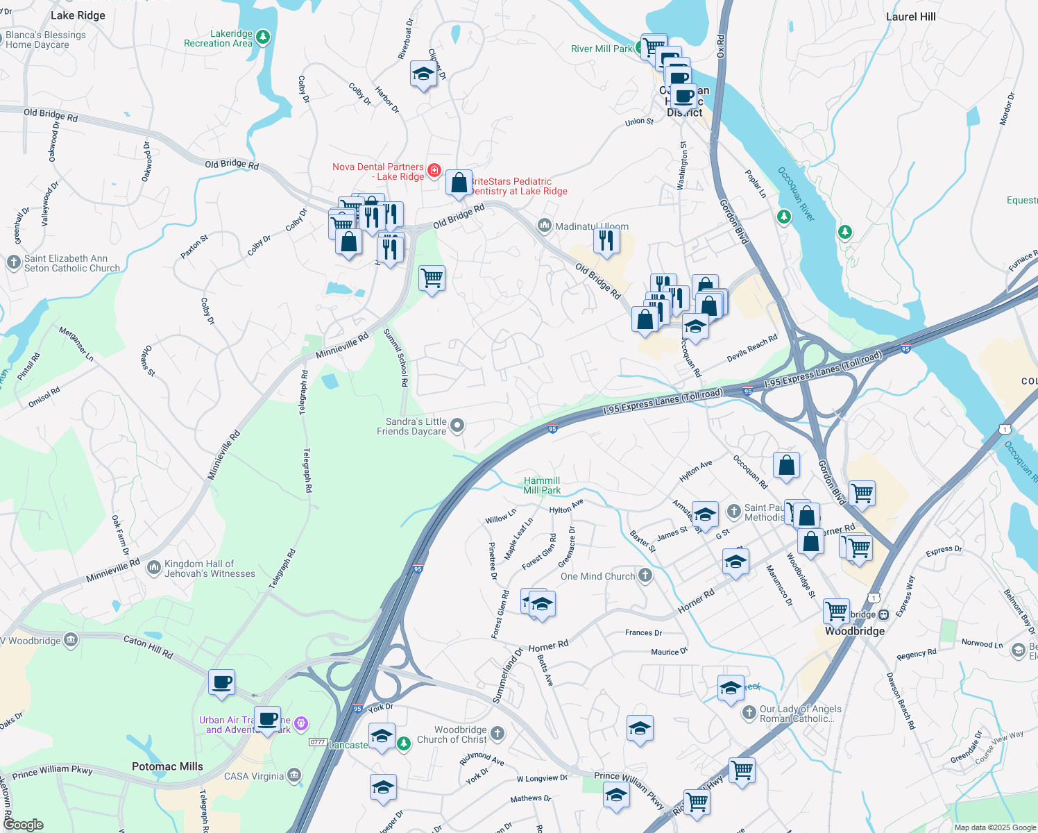 map of restaurants, bars, coffee shops, grocery stores, and more near 13221 Kinnicutt Drive in Woodbridge