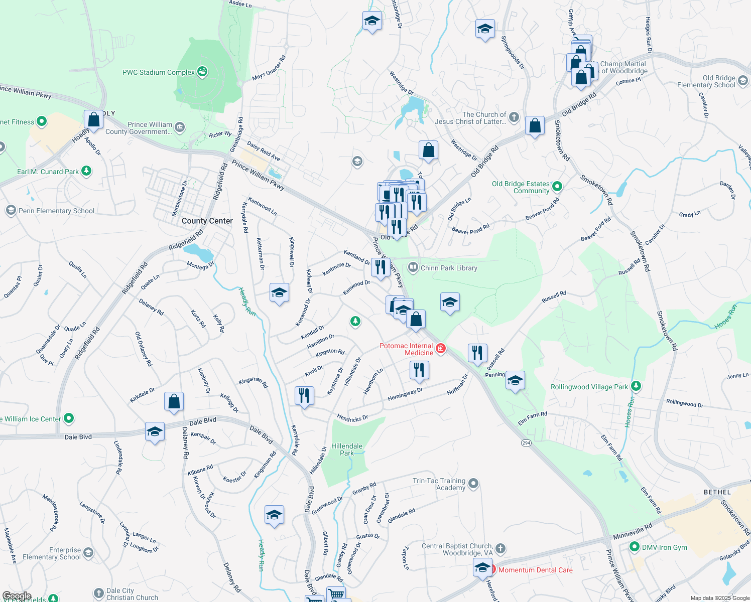 map of restaurants, bars, coffee shops, grocery stores, and more near 13014 Kenmar Drive in Woodbridge