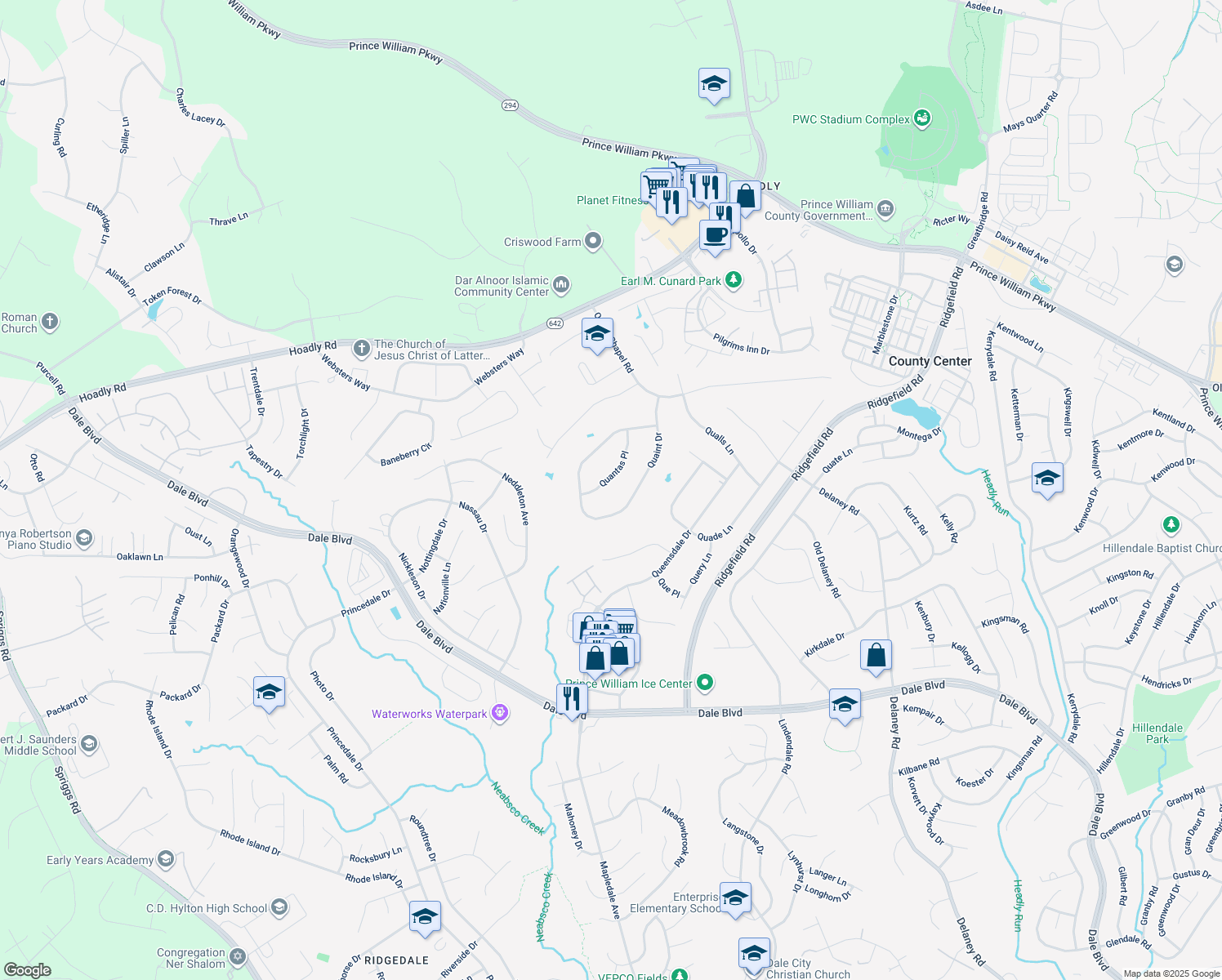 map of restaurants, bars, coffee shops, grocery stores, and more near 5435 Quantas Place in Woodbridge