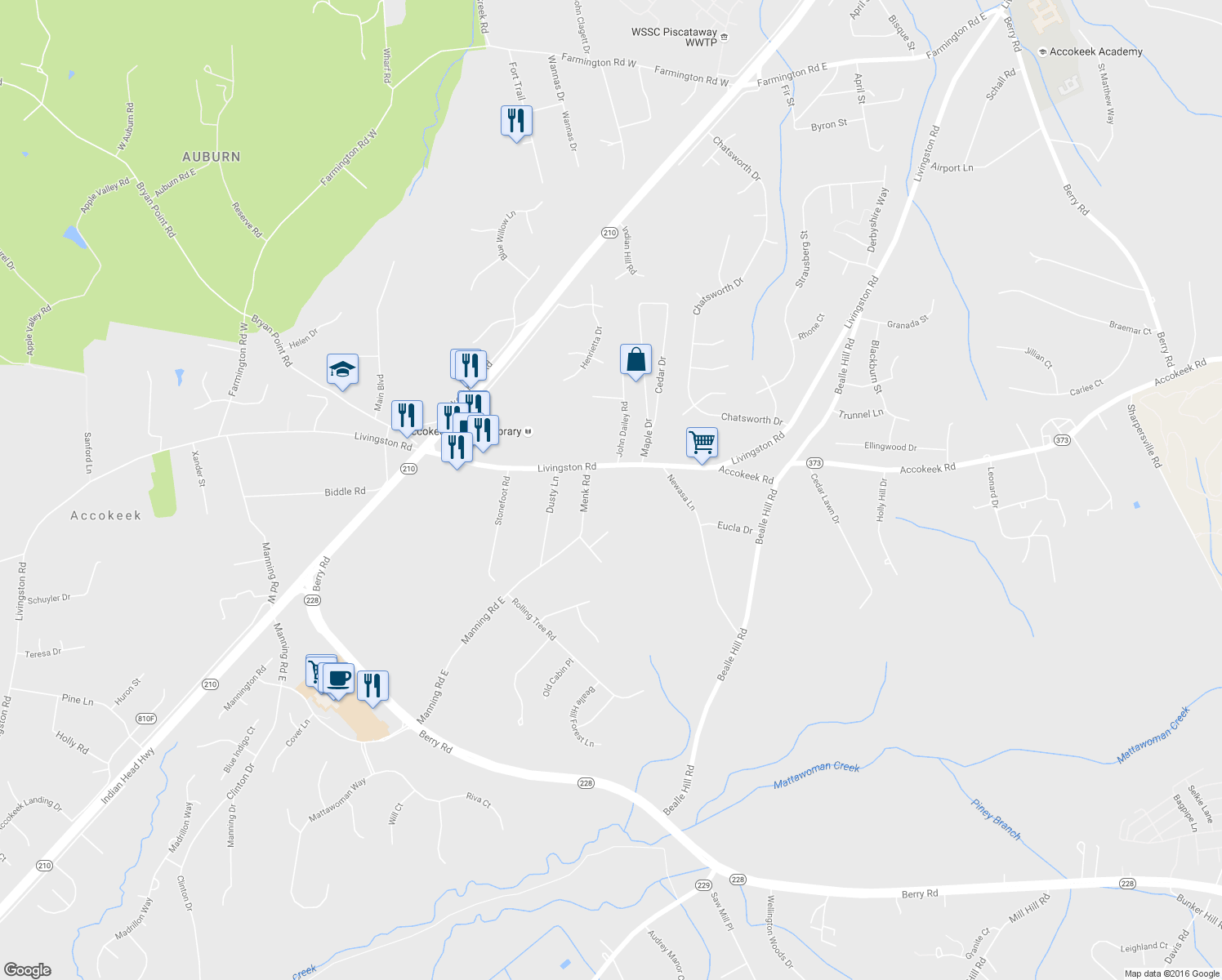 map of restaurants, bars, coffee shops, grocery stores, and more near 15746 Livingston Road in Accokeek