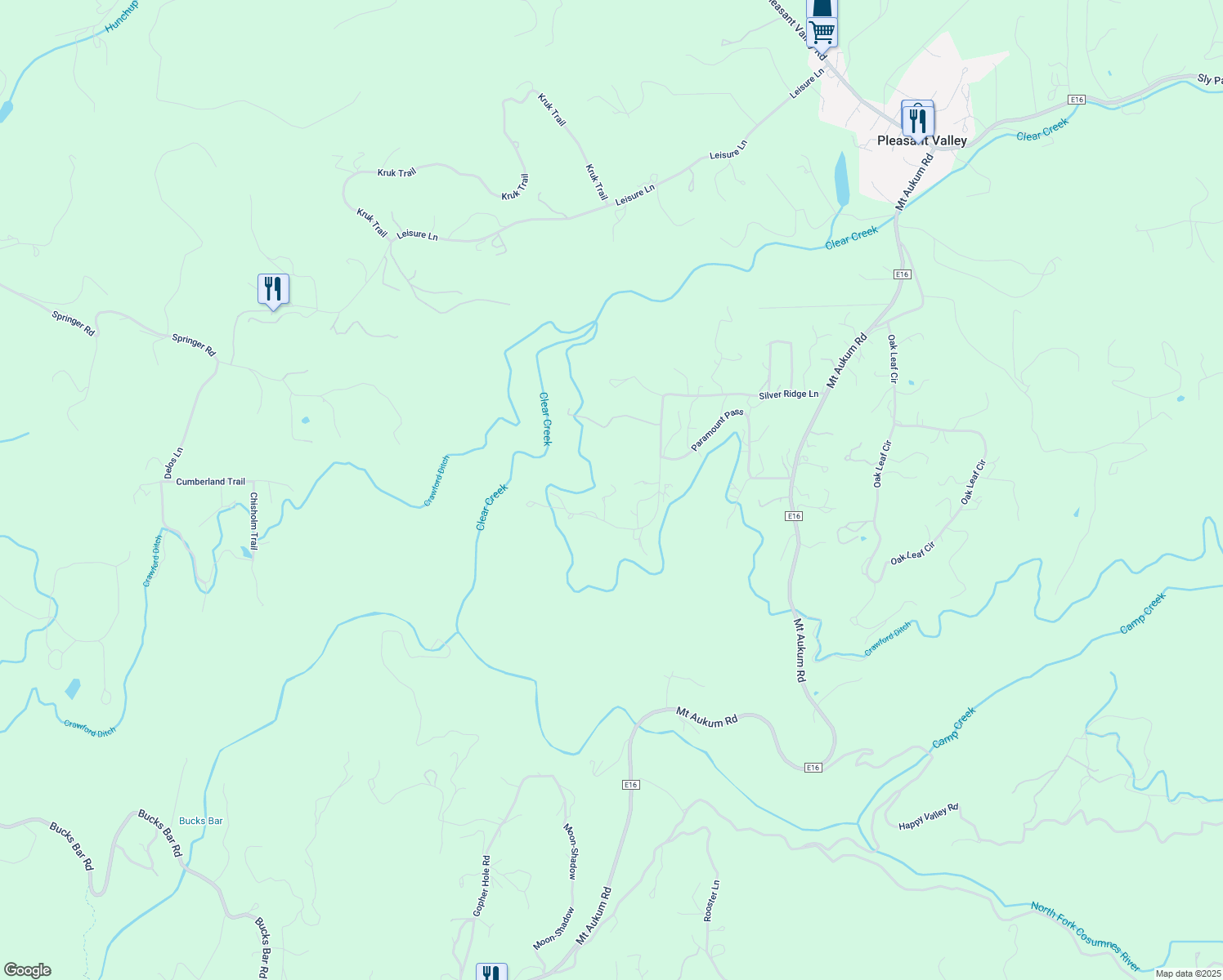 map of restaurants, bars, coffee shops, grocery stores, and more near 5969 Silver Ridge Lane in Placerville