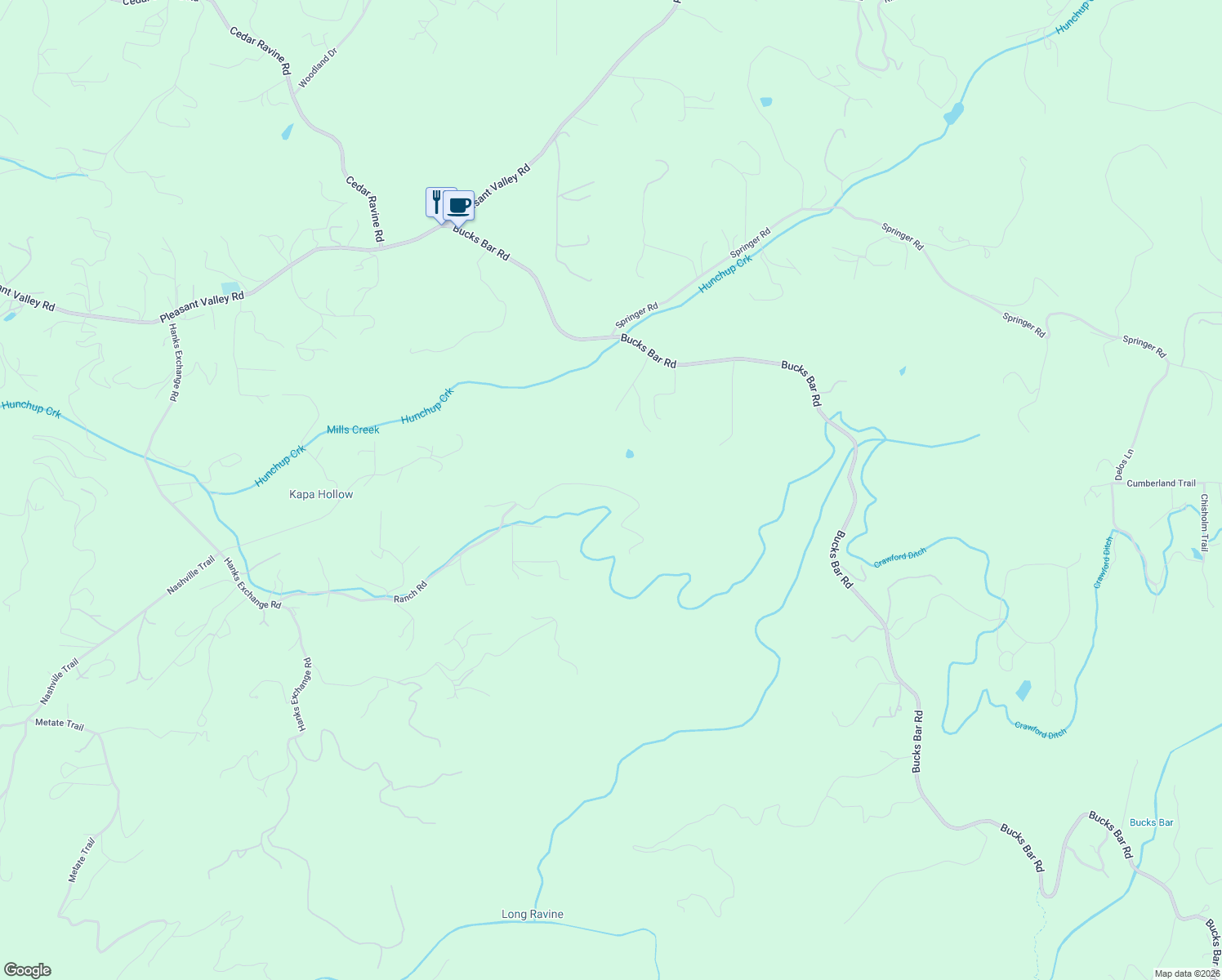 map of restaurants, bars, coffee shops, grocery stores, and more near 2731 Ranch Road in Placerville