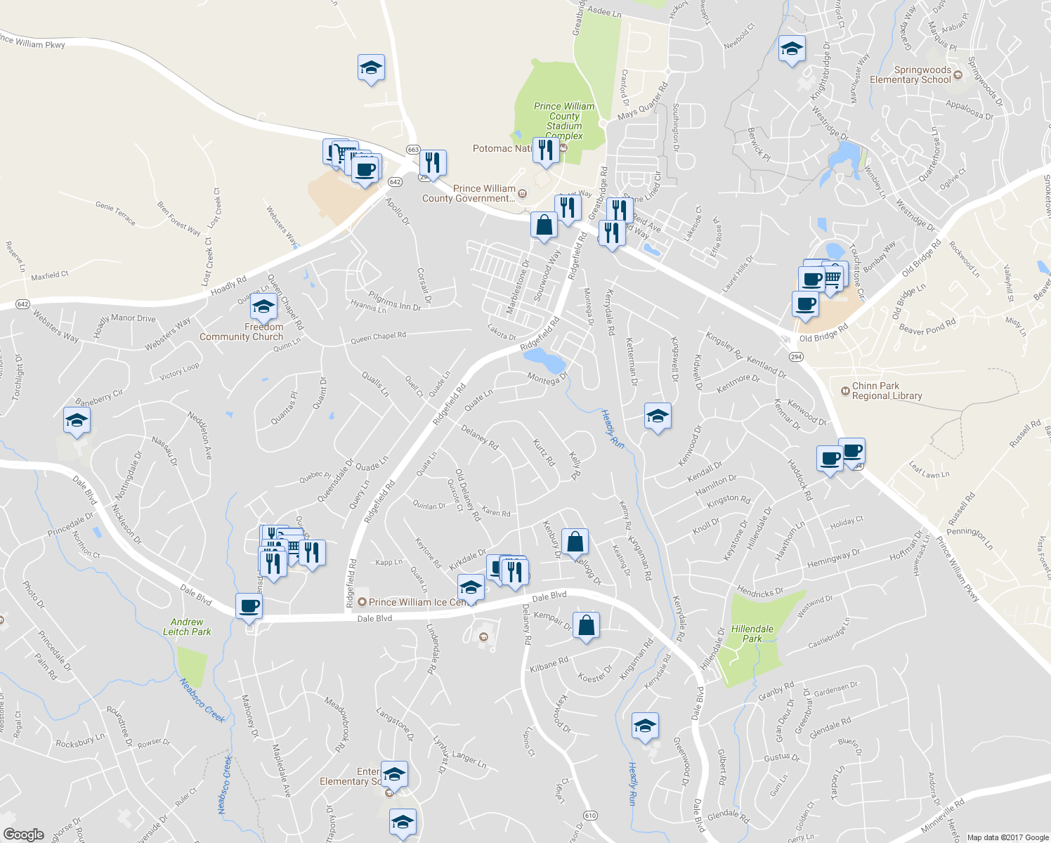 map of restaurants, bars, coffee shops, grocery stores, and more near 13223 Kurtz Road in Woodbridge