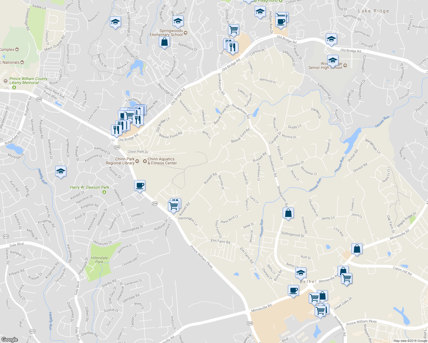 map of restaurants, bars, coffee shops, grocery stores, and more near 3700 Russell Road in Woodbridge