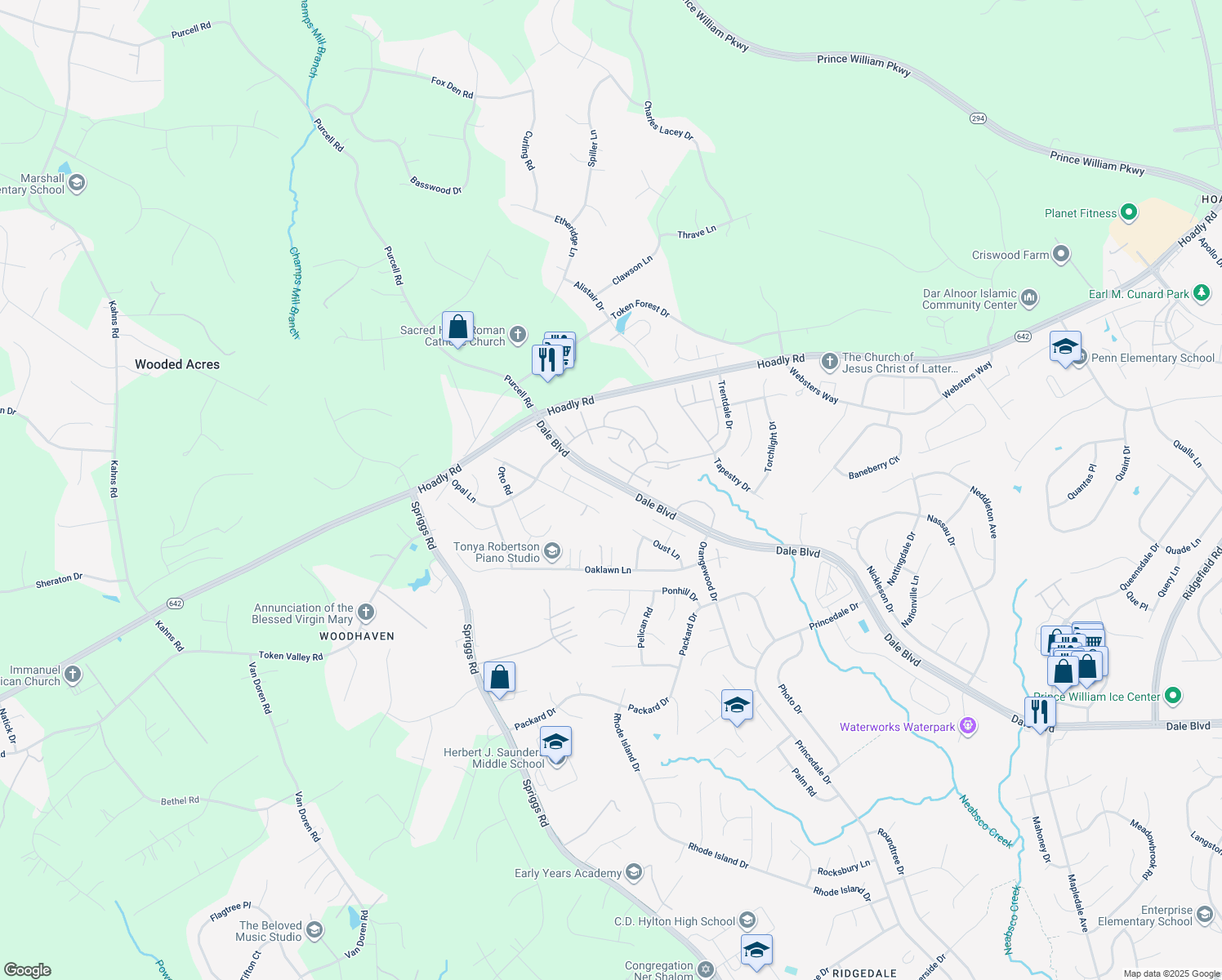 map of restaurants, bars, coffee shops, grocery stores, and more near 6208 Oscar Court in Woodbridge
