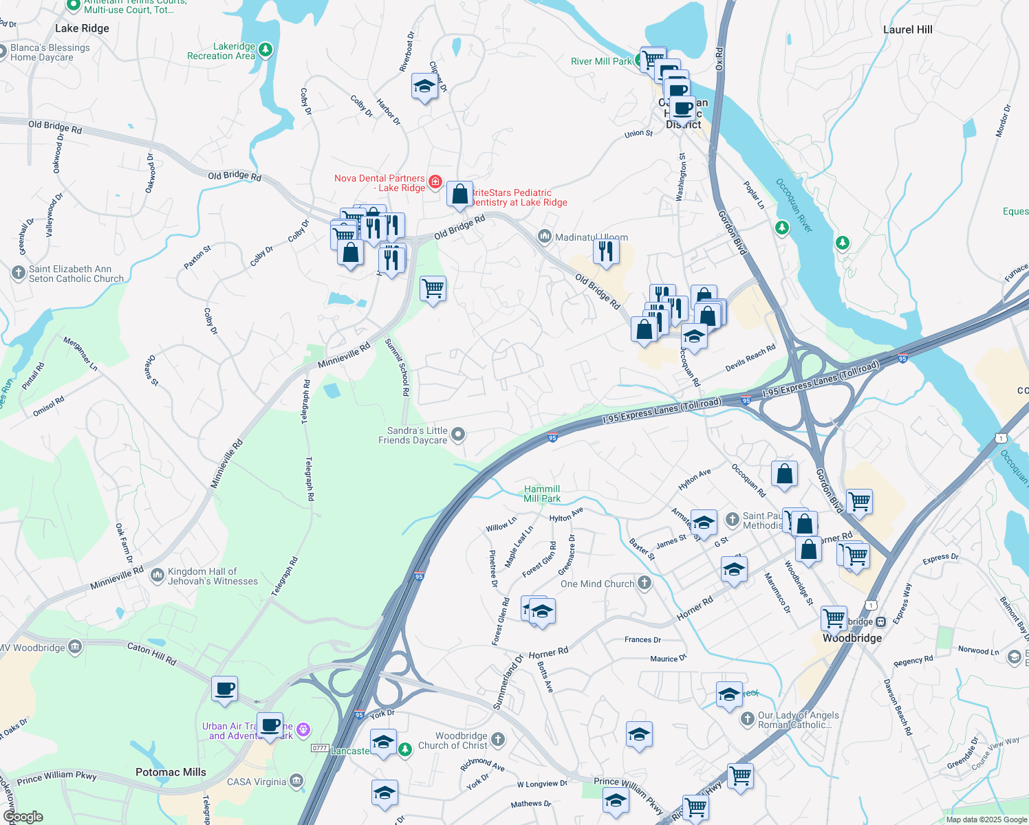 map of restaurants, bars, coffee shops, grocery stores, and more near 13209 Kinnicutt Dr in Woodbridge