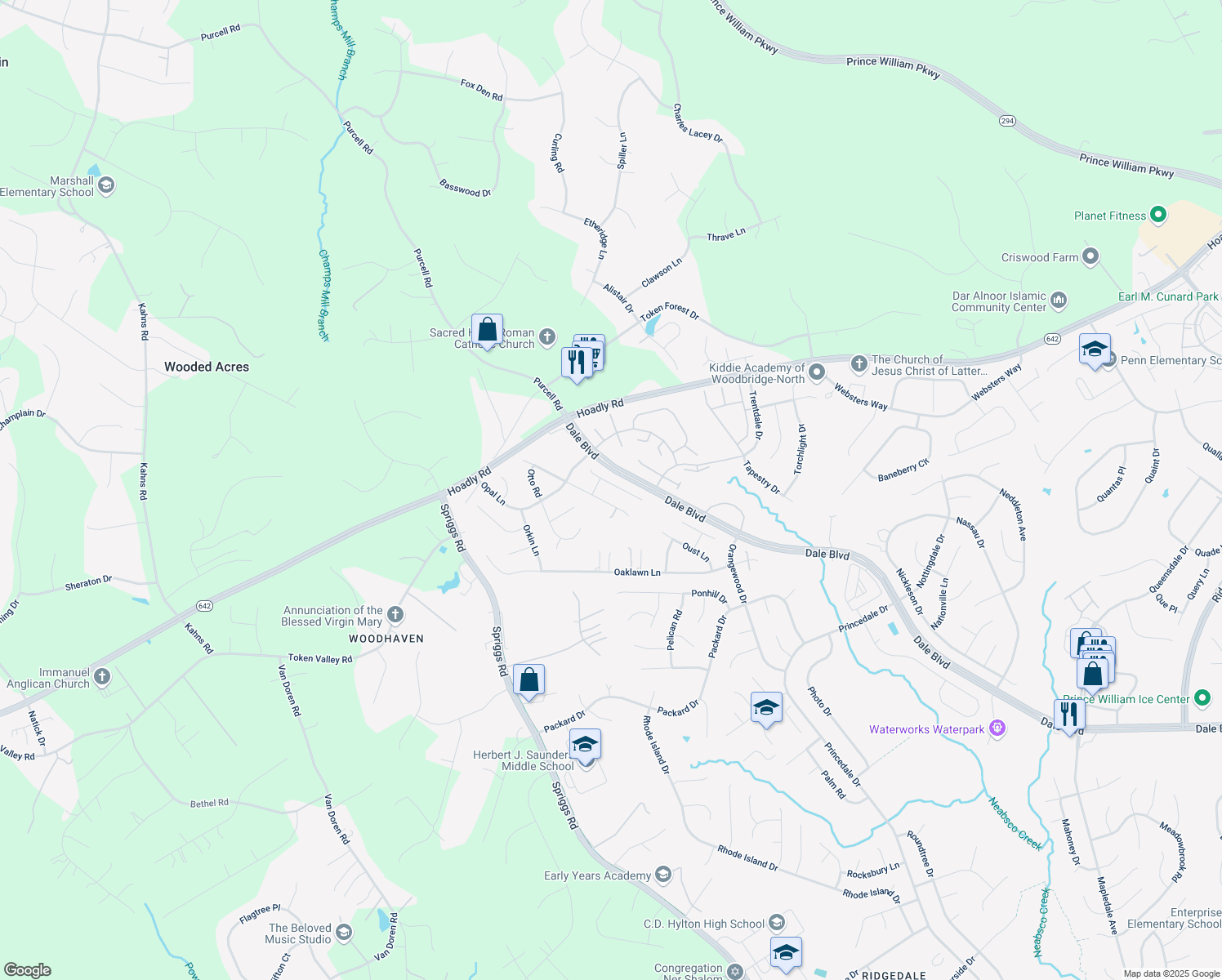 map of restaurants, bars, coffee shops, grocery stores, and more near 6237 Oscar Ct in Woodbridge