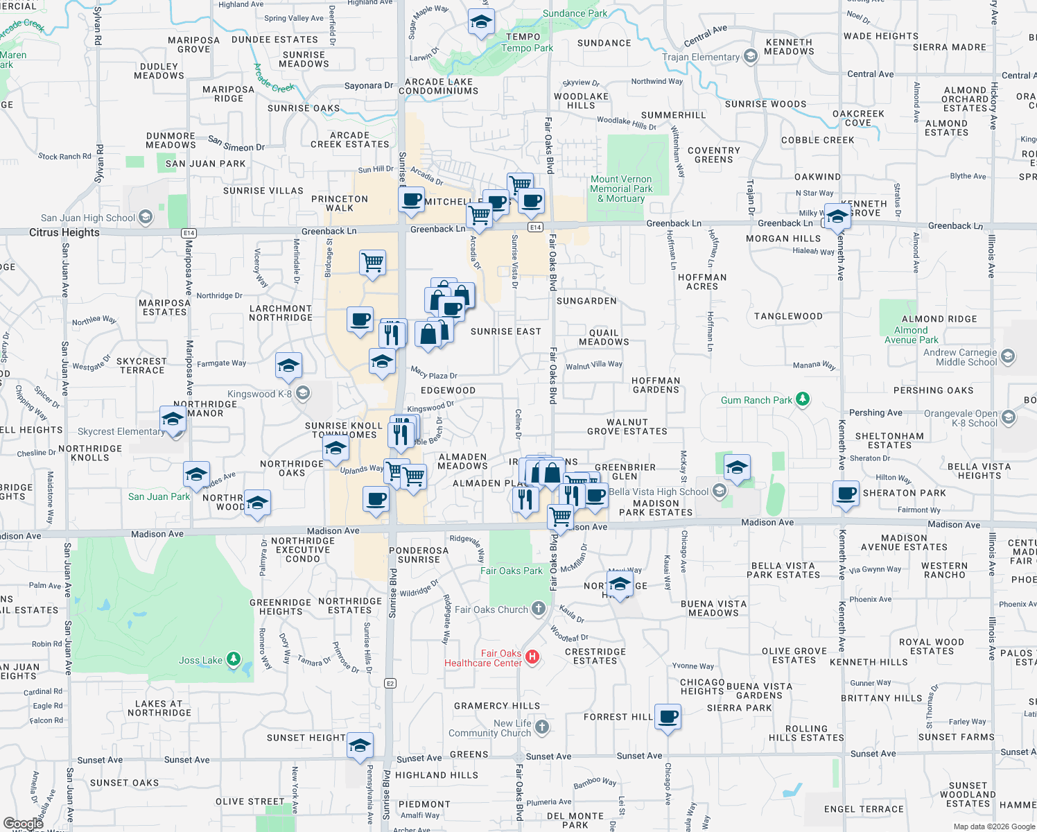 map of restaurants, bars, coffee shops, grocery stores, and more near 5640 Celine Drive in Citrus Heights
