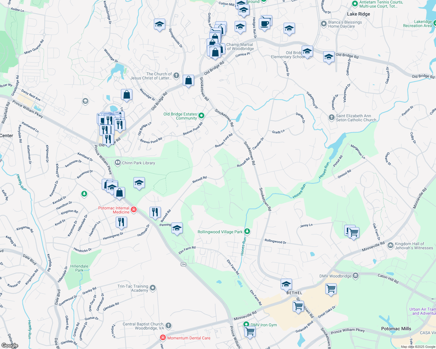 map of restaurants, bars, coffee shops, grocery stores, and more near 3688 Russell Road in Woodbridge