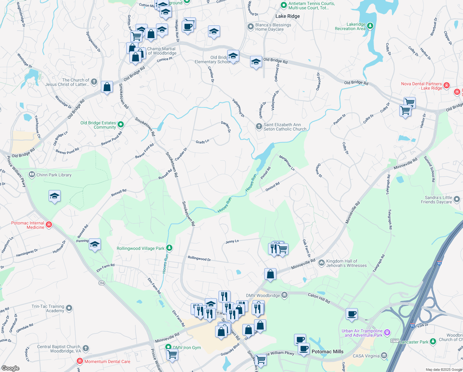 map of restaurants, bars, coffee shops, grocery stores, and more near 3249 Chancellor Drive in Woodbridge